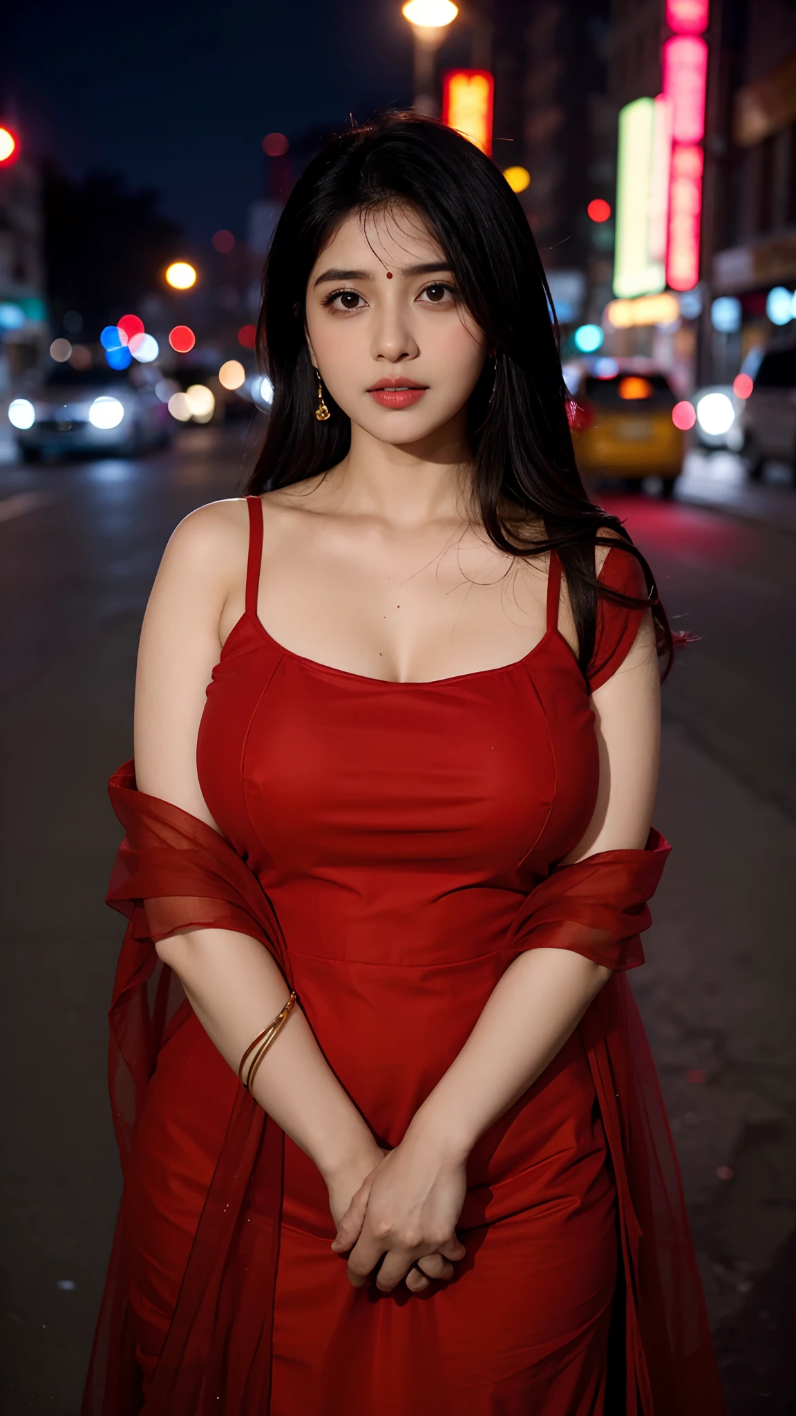 (((Desi Girl))), chubby face, Natural Skin, Wearing a hot deep necktop and dupatta, Attractive black hair, city street background, Bokeh Big breasts red dress squats