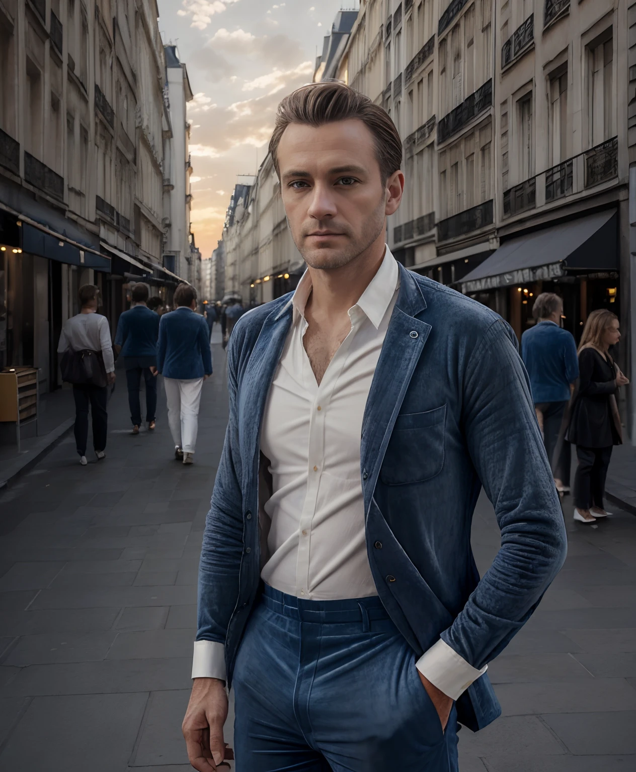 (Masterpiece, photoreallistic), (f/1.4, Sony a7R IV) ....RAW, Portrait of a man with a seductive European hand, 35 ans, (short chestnut hair without beard:1.3), (petites oreilles:1.3). Full view, (portant une veste de costume bleu velours:1.5), (Chemise blanche et pantalon de mode blanc:1.6). Standing in the street in a very famous pose, Photographie et pose de mannequinat, Moniteur du New York Times et rue, Cities in the background and passers-by in the background and Bokeh, Highly detailed and symmetrical face, detailed lips, ceinture, detailled eyes, Des jambes parfaites, Background and sunset of the city of Paris and golden sky of the sunset, Bokeh, Precise finger, Super creative pose, VRAIE PHOTO, Lively street, Kodak, Anciennes couleurs de film, ultra fine detail, slow shutter speed, Stretched lights and movement, Bokeh