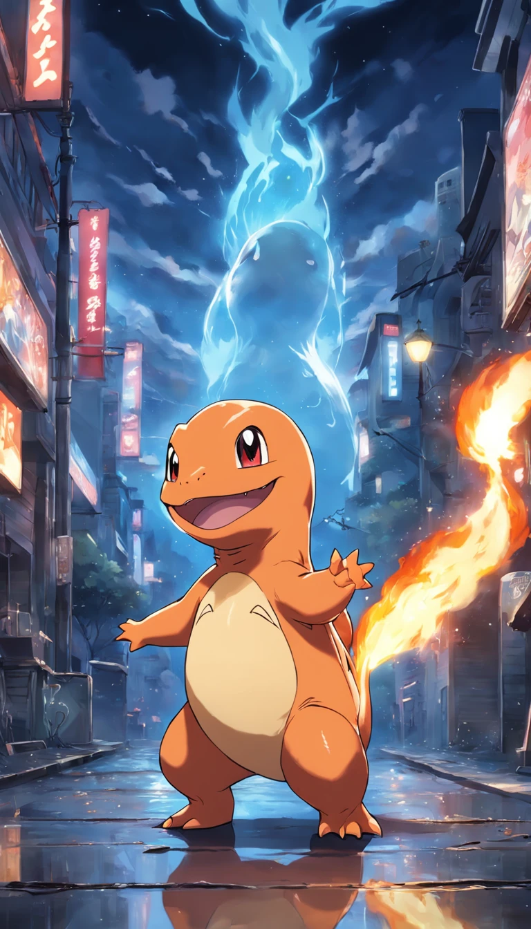 Charmander em com um fundo pegando fogo