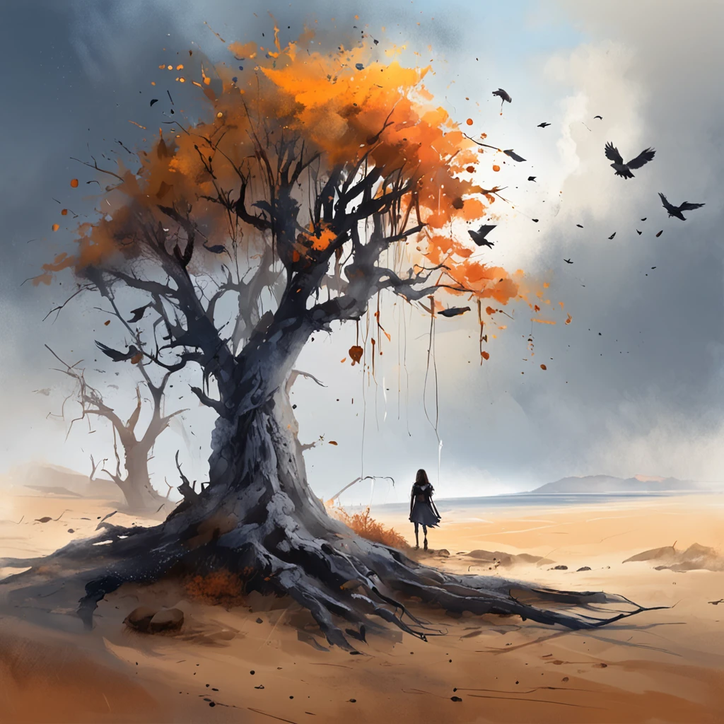 1 girl, Two crows on a dead tree, A shadow shaped like a walker, Starry night, Thick fog on the ground, Blue light on the horizon, Unreal Engine 5, Cinematic, low angle photography, Motion blur, Depth of field, Dust, Cobblestones and dirt. Splash Art, dripping paint. Perfect color grading. Influenced by Karel Appel and Jeremy Mann, Full of dramatic and threatening scenes, Hyper-detailed, Beautiful, insanely details, Intricate details, editorial photography, shot with a 50mm lens, Depth of field, Tilt Blur, Shutter speed 1/1000, f/22. Lightmaps, Super bright