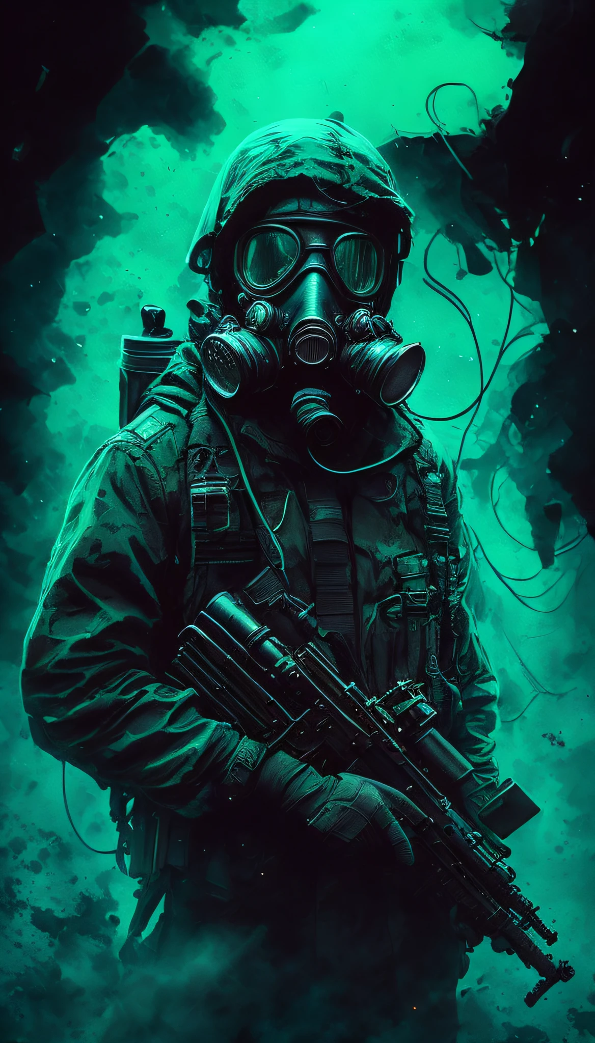 a close up of a person wearing a gas mask and holding a rifle, ((Blue)), dark cyberpunk illustration, ( apocalyptic ) 8 k, wojtek fus, 4k detailed digital art, sci-fi digital art illustration, apocalyptic 8 k, apocalyptic 8k, epic digital art illustration, andreas rocha style, cyberpunk soldier, jen bartel, soldier with a gasmask