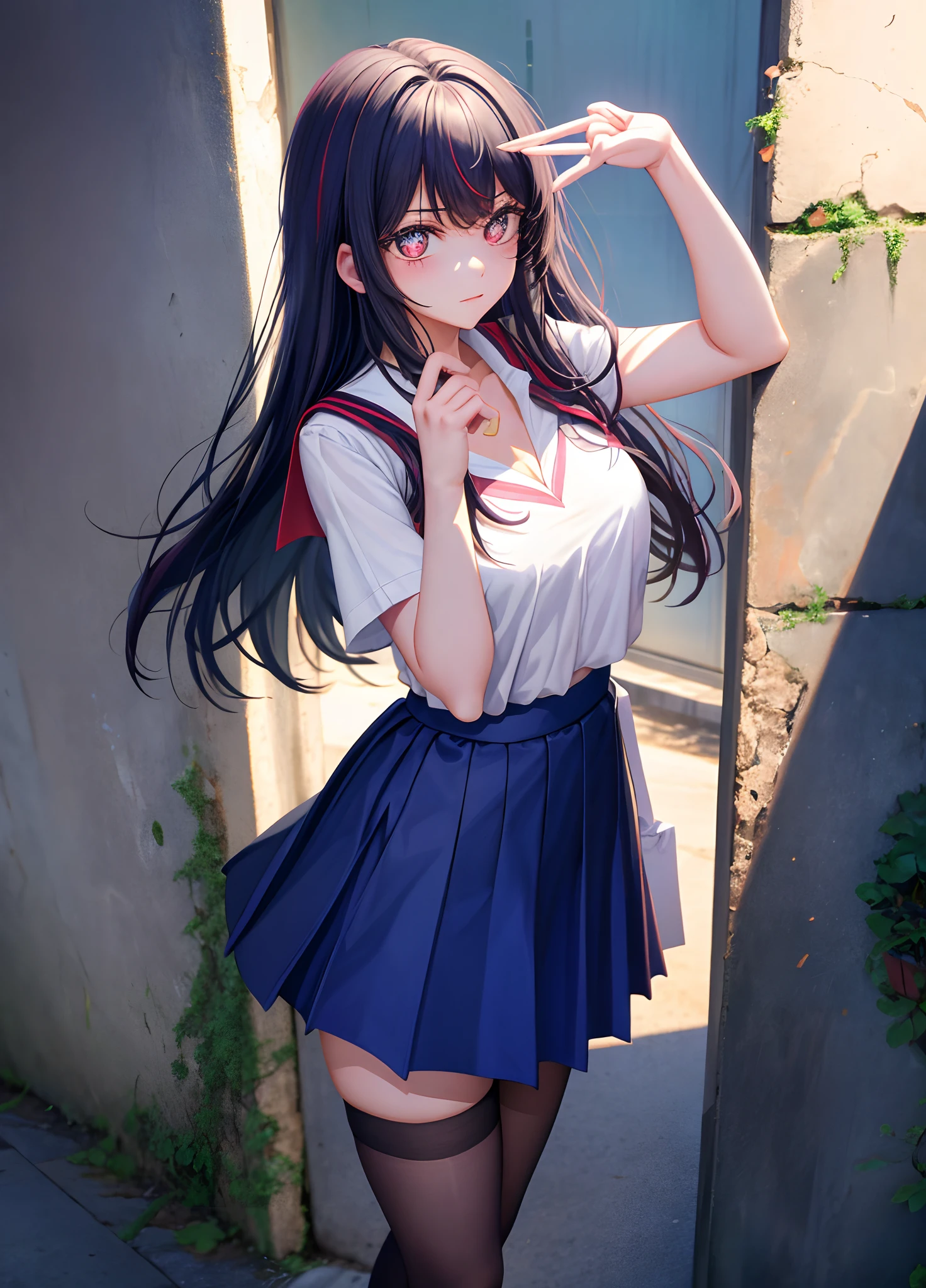 Realistic image, detailed image, 1 elf. He has long, shiny black hair, part of which falls over his shoulders. He leaves his ears almost visible, with some hair tied back, and has a fringe that reaches just above his eyes. Her eyes are turquoise. No shirt, no sweater, no bra. Nude. Pleated miniskirt. Thong. Her shoes are sport shoes. Large breasts, narrow waist, wide hips and thick thighs. She pouts. Arched back. Bottom view. View of the thong. Neutral background. Uniform background. Volumetric light. Ambient light.