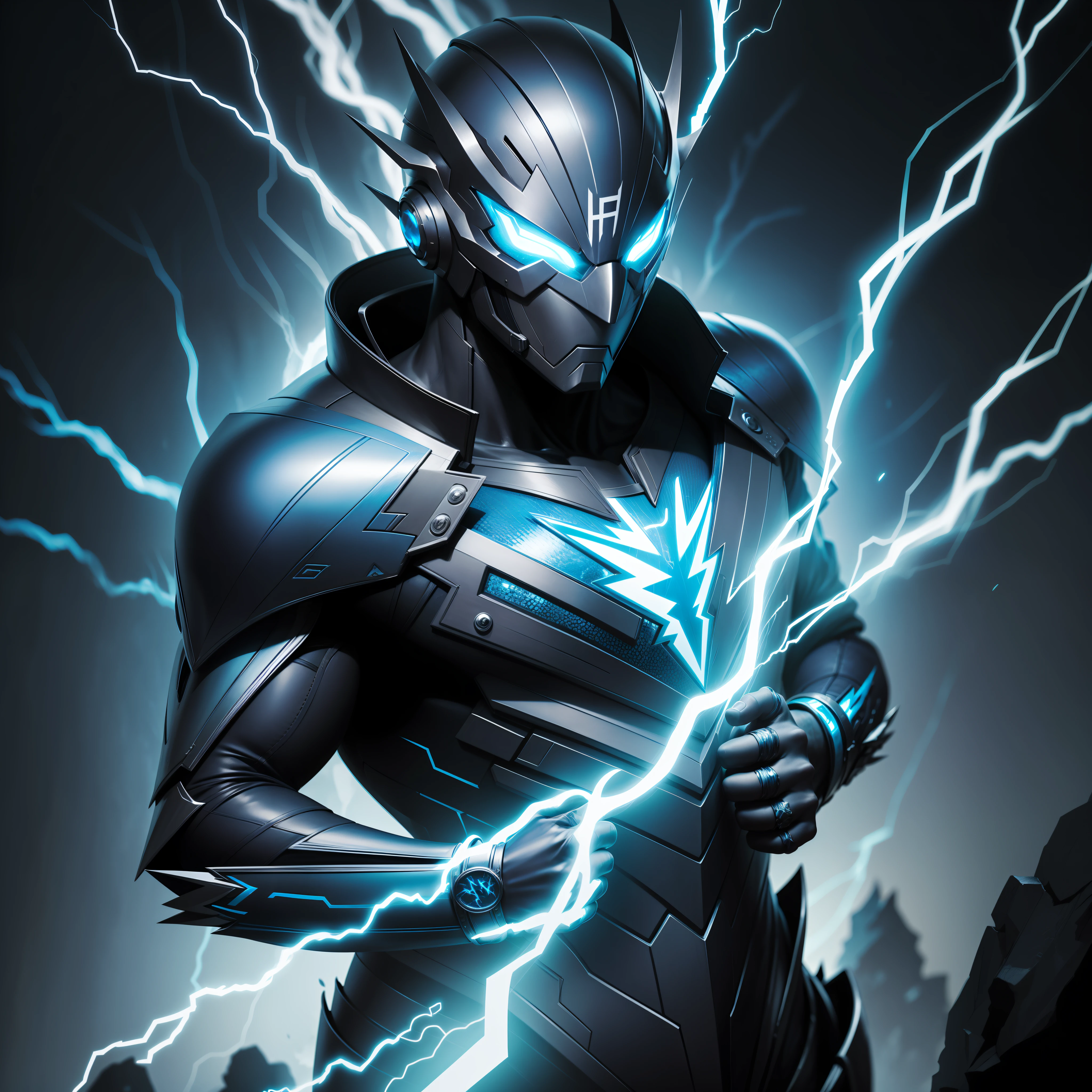 Create a superhero character inspired by lightning, silver and blue coloured, it should be a fully masked character, no human face features, crazy lightning background, highly detailed, high quality artwork, high quality, rich colours photography, no cartoon looking character.