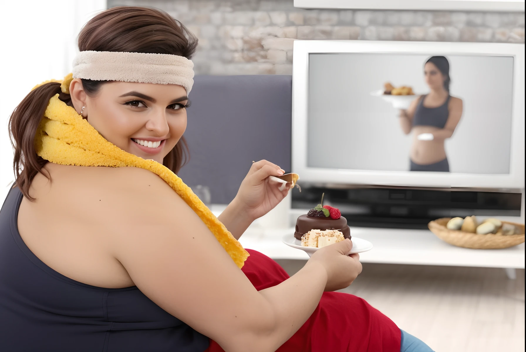 Woman eating a dessert while watching television with a towel around her head, mulher gorda, sobrepeso, mulher plus size, um excesso de peso, obeso, obeso ), Leve excesso de peso, comer batatas fritas e assistir TV, um obeso, comer bolos, olhando parcialmente para a esquerda, fotografia tirada em 2 0 2 0, Fazer um lanche, mulher em forma, photo rendering, Sandra Chevier