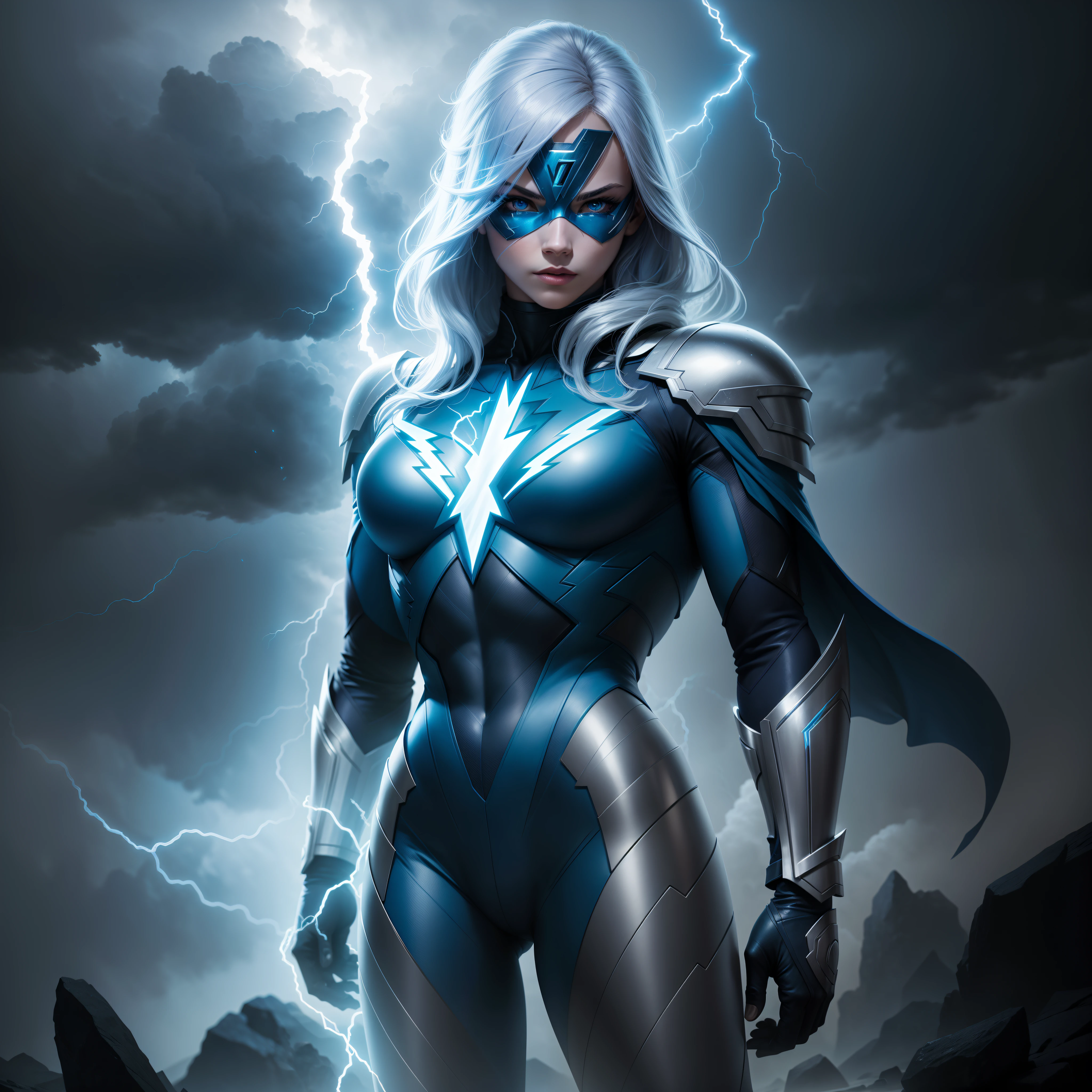 Create a superhero character inspired by lightning, full body, silver and blue coloured, it should be a fully masked character, no human face features, beautiful nature lightning and thunder background, highly detailed, high quality artwork, high quality, rich colours photography, no cartoon looking character.