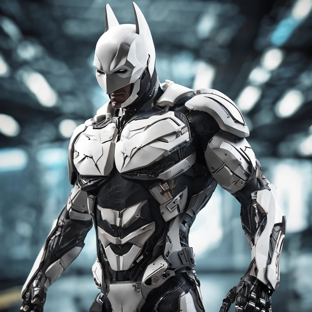 spectacular, Master parts, :The realistic White Batman focuses on the advanced cybernetic suit Orba Prima, high high quality ::n_Style drawing, Low-quality defects,