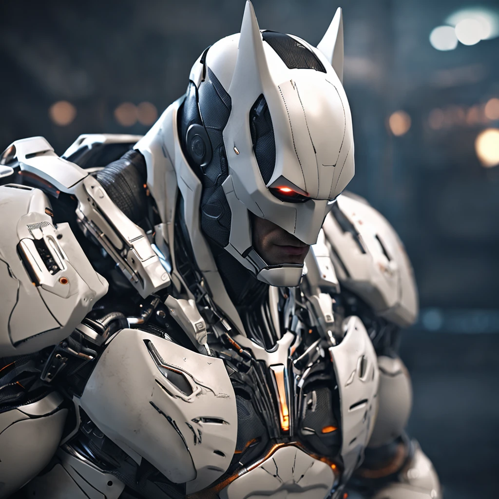 spectacular, Master parts, :The realistic White Batman focuses on the advanced cybernetic suit Orba Prima, high high quality ::n_Style drawing, Low-quality defects,