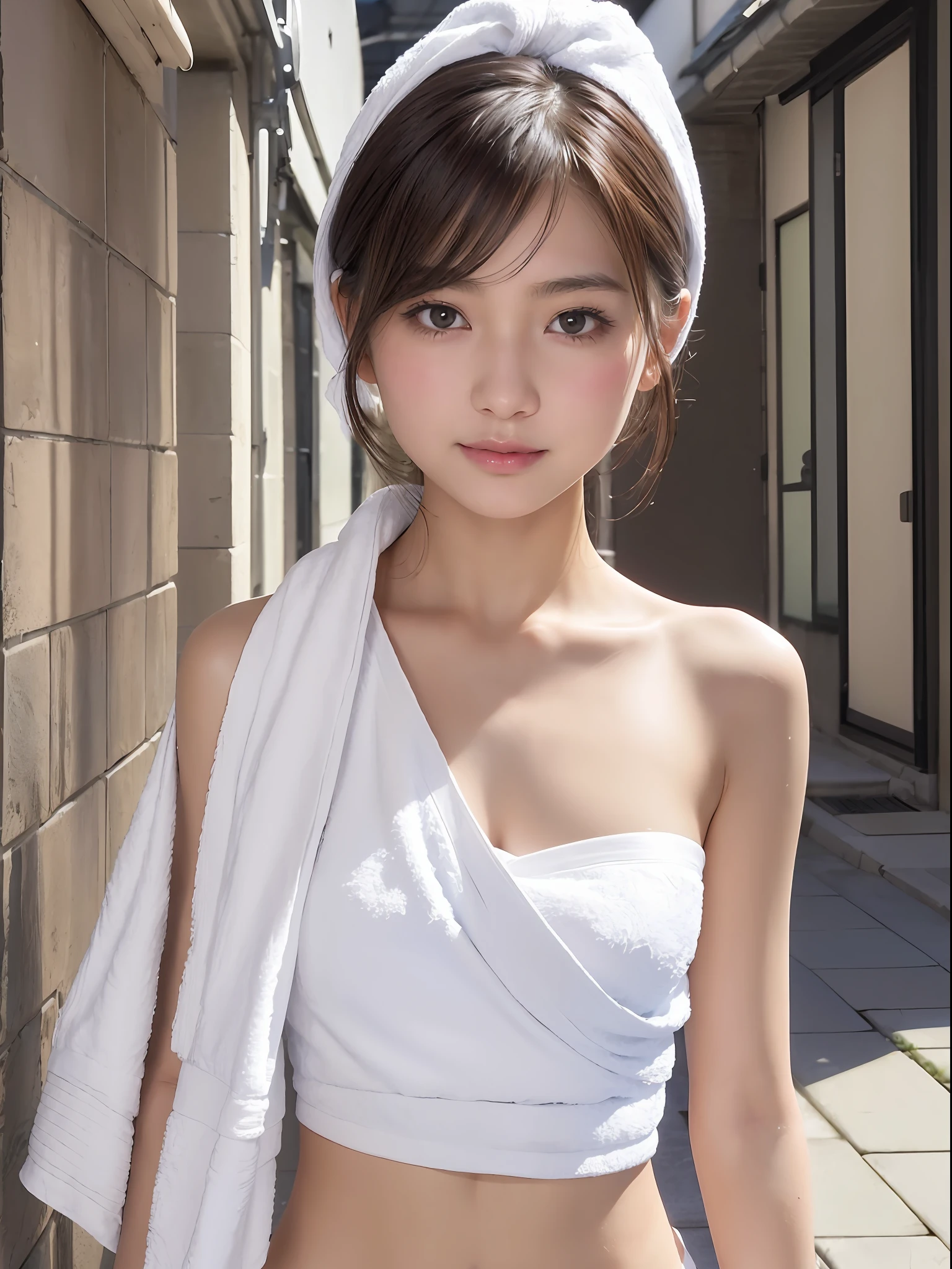 (masterpiece), (top-quality), (roll up one bath towel:1.5), (Tube top:1.5), (exposed shoulders:1.5), (thin fabric:1.5), (blushed face:1.3), (barechested:1.3), (realistic:1.5), 1 little girl, precise hands, Embarrassed look, Smile, extremely cute girl, baby face, Clear eyes, Shining eyes, small breast, No pubic hair, The beautiful skin, ultra-definition, Top resolution, japan high school student, brown hair, in the Alley