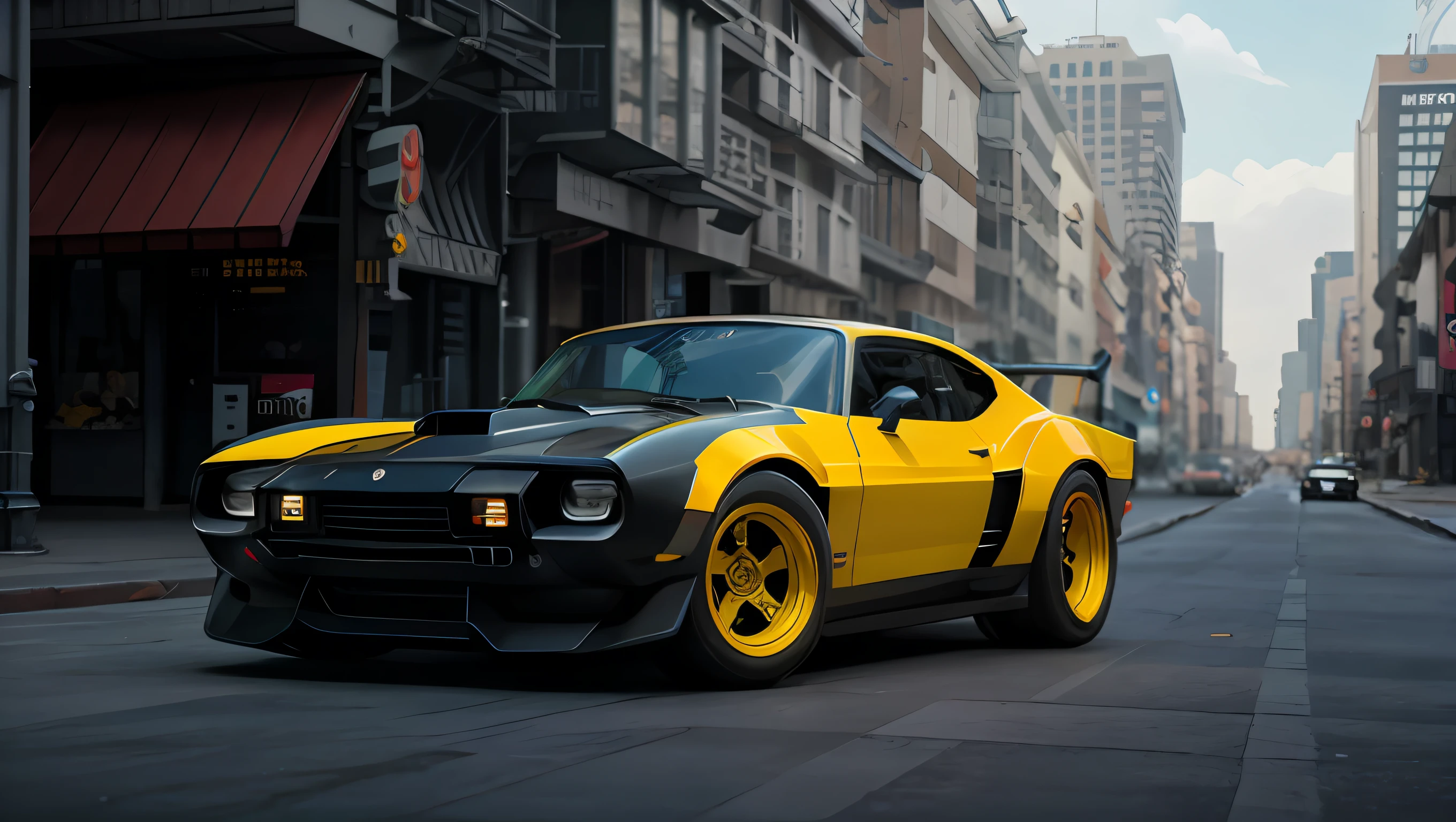 professional photo of a futuristic muscle car with multiple modifications, large wheels, yellow painting, parked, cybernetic hood, cyber car parts, (exotic headlights), mad-max, v8 engine, blower, front pop up headlights, futuristic, car mods, spoiler, science fiction, sci-fi scenario, night, natural light, cyberpunk, futuristic city, cyberpunk city, neon signs, (highly detailed), (highly detailed background), multiple buildings in the background, detailed textures, wide angle, 8k, HDR, professional photoshoot, high quality photo, realistic photo, realistic shadows, detailed shadows, realistic proportions, photographed with a Sony a9 II Mirrorless Camera, film grain, raw photo, physically-based rendering, vibrant colors, award winning picture, (color particles).