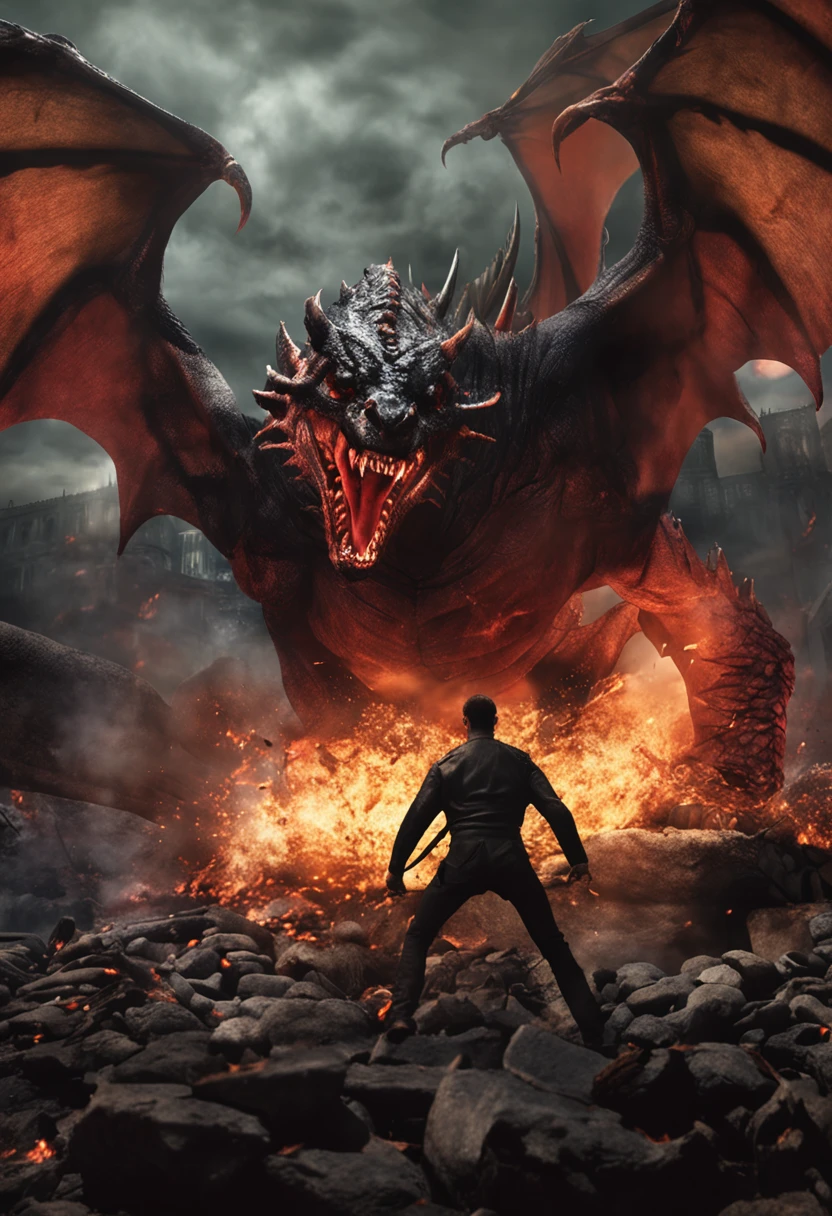 Create an image of Ballerion, the black terror fighting with Smaug the terrible;