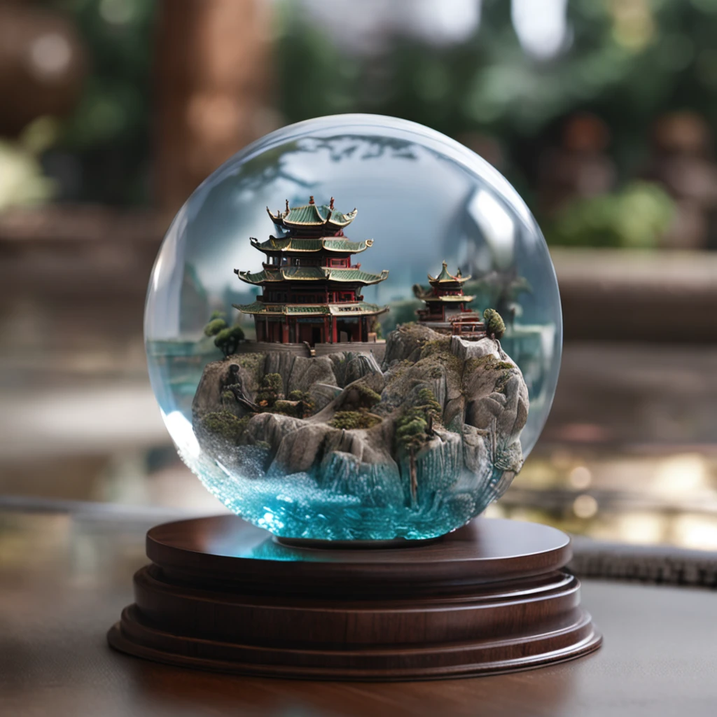 An ultra-realistic and transparent crystal ball, Miniature a super realistic and detailed mini-scene, Inside are scenes of ancient Chinese cities in high detail, The crystal ball is placed on a horizontal tabletop, The background is a plain blue sky meadow