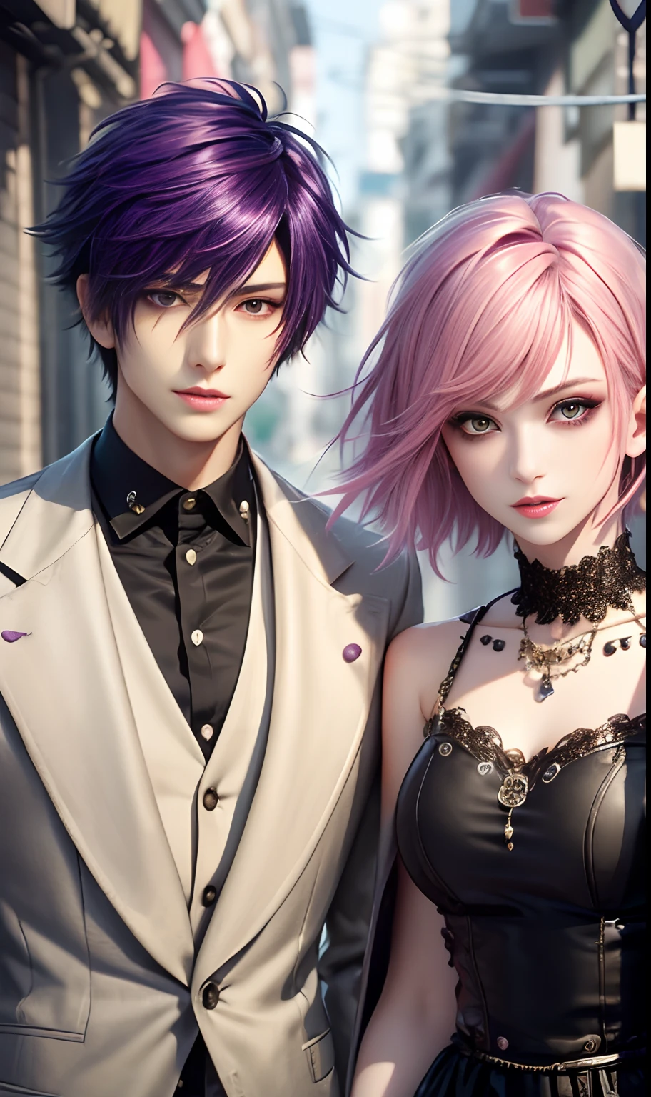 ​masterpiece, top-quality, 2Others, Male and female couples, 1 man and 1,, Adults, Height difference, different fashion, different color, finely eye and detailed face, intricate detailes, Casual clothing, window, A smile, Happiness, tenderness, husband and wife, high-level image quality、 selfee, Beautiful men and women、tall、The upper part of the body、nightfall、nighttime scene、𝓡𝓸𝓶𝓪𝓷𝓽𝓲𝓬、Korea person, Idol Photos, k pop, Professional Photos, Vampires, Korean fashion in black and white, Fedoman with necklace, inspired by Sim Sa-jeong, androgynous vampire, :9 detailed face: 8, extra detailed face, detailed punk hair, ((eyes are brown)) baggy eyes, Seductive. Highly detailed, semi realistic anime, Vampires, hyperrealistic teen, delicate androgynous prince, imvu, short hair above the ears, Man with short hair, With a purple-haired man with a wild expression, Pink-haired woman with gentle expression, ((With a short-haired man with bright purple hair)), ((Woman with long pink hair))