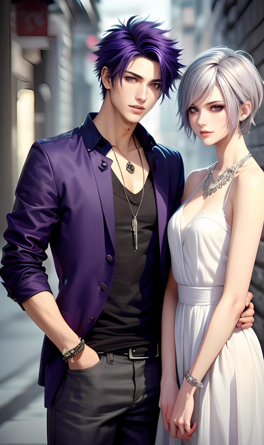 masterpiece, top-quality, 2Others, Male and female couples, 1 man and 1,, Adults, Height difference, different fashion, different color, finely eye and detailed face, intricate detailes, Casual clothing, window, A smile, Happiness, tenderness, husband and wife, siblings, high-level image quality、 selfee, Beautiful men and women、tall、The upper part of the body、nightfall、nighttime scene、𝓡𝓸𝓶𝓪𝓷𝓽𝓲𝓬、Korea person, Idol Photos, k pop, Professional Photos, Vampires, Korean fashion in black and white, Fedoman with necklace, inspired by Sim Sa-jeong, androgynous vampire, :9 detailed face: 8, extra detailed face, detailed punk hair, ((eyes are brown)) baggy eyes, Seductive. Highly detailed, semi realistic anime, Vampires, hyperrealistic teen, delicate androgynous prince, imvu, short hair above the ears, Man with short hair, With a purple-haired man with a wild expression, Gray-haired woman with a gentle expression, ((With a short-haired man with bright purple hair)), ((Woman with long gray hair))
