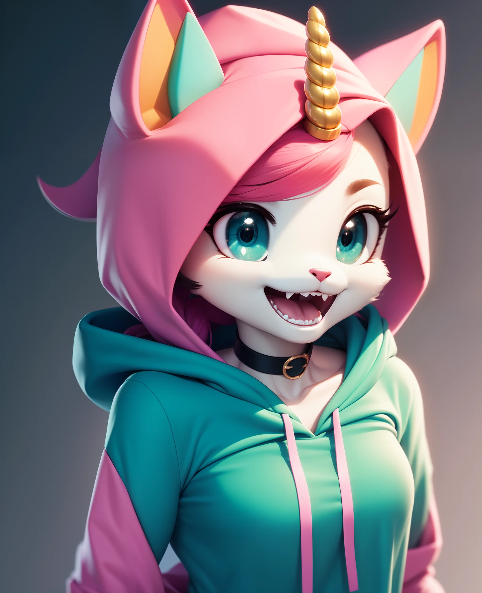 unikitty, furry female, anthro, unicorn girl, green choker, (pink hoodie:1.2),  solo, (best quality), (detailed background:1.2), open mouth, looking at viewer, (fangs:0.9),