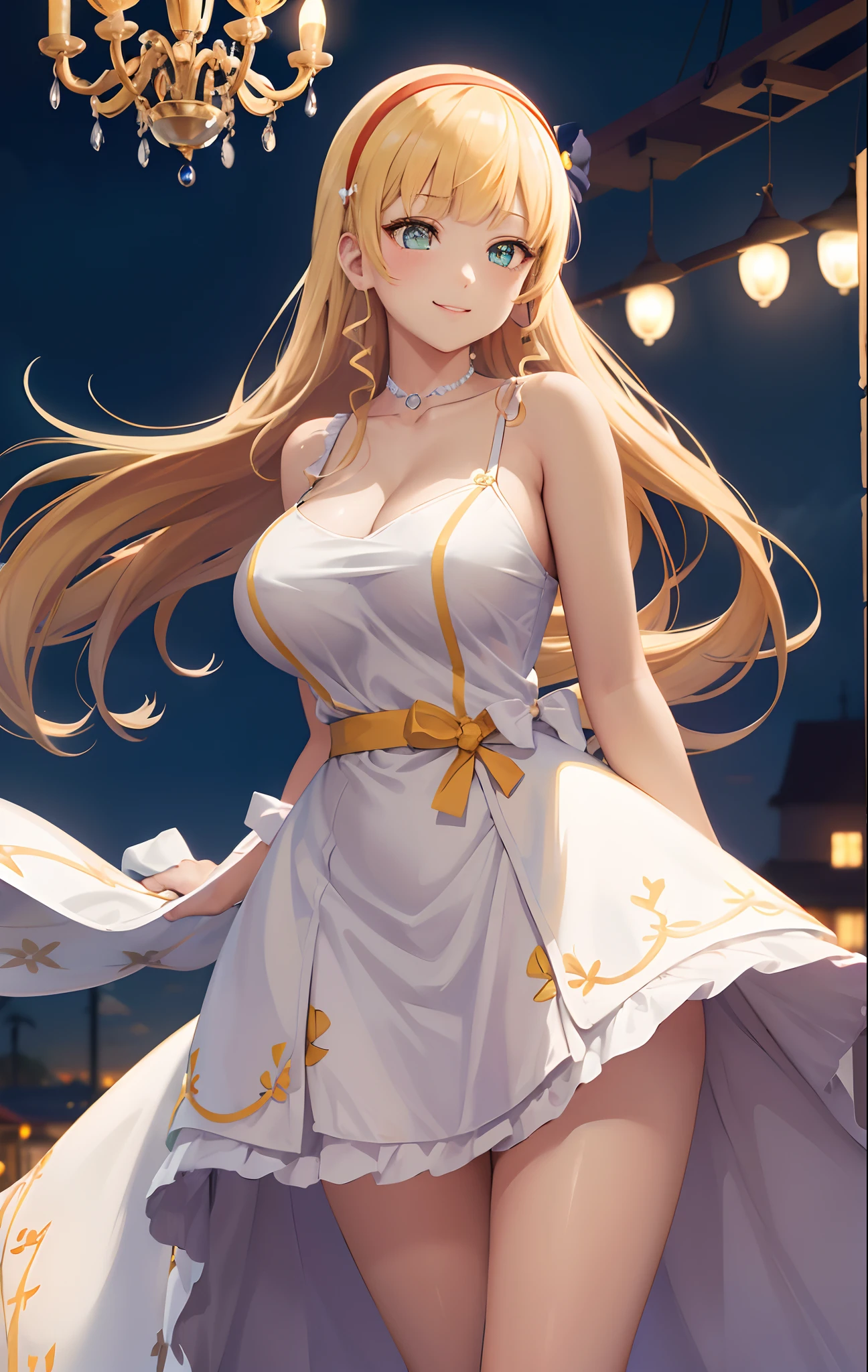 sumire1, hairband, long hair, 1girl, high_quality, 8k, masterpiece, defined_pupil, vivid_colors, (high_quality_eyes:1.1),
(elegant_restaurant:1.2), (vivid_lights:1.1), (chandelier:1.2),
looking_at_viewer,
blushed, smile, closed_mouth,
(white_gala_dress:1.3),
thighs, hips, cleavage, bare_shoulders,
(slightly_big_breasts:1.3), bangs, blunt_bangs, red_headband
