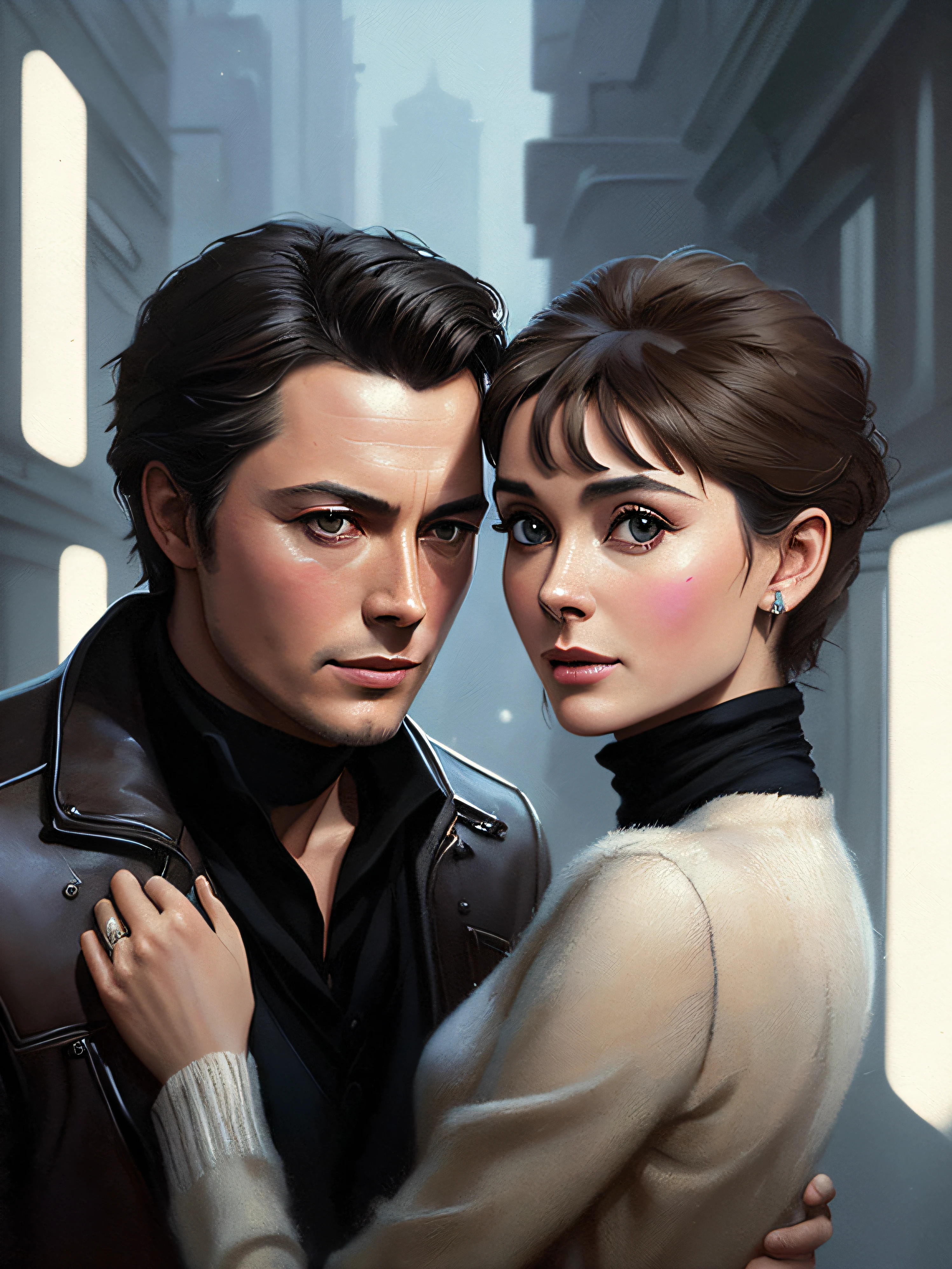 Alain Delon and Audrey Hepburn hugged and looked at each other, efeito VHS, (poster: 1.2), ( roupa elegante: 1.2), (corpo inteiro), (Postmodern Fashion Style), (Cyberpunk), poster on the wall, nostalgia, Poster do filme O Eclipse,, (textura da pele), intricadamente detalhado, detalhes finos, hiperdetalhado, ray tracing, subsurface dispersion, lighting soft fuzzy, profundidade de campo rasa , por (Clima Oliver) majestic professional oil painting by Ed Blinkey, Atey Ghailan, ghibli studio, de Jeremy Mann, Greg Manxadinho, Antonio Moro, trending in the artstation, trend at CGSociety, intrincado, alto detalhe, foco nítido, dramatic and photorealistic painting art of (Greg Rutkowski:1.4), Bokeh,