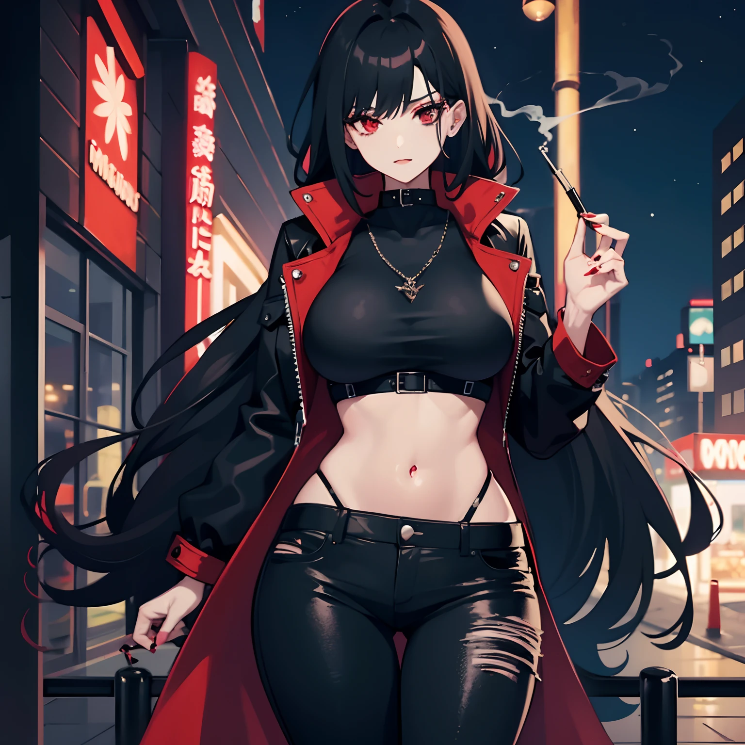 night city , 1 woman , goth woman , black with red strand hair , black eyes , goth makeup , smoking , huge breasts , red thin crop top , jeans jacket , wide hips , short leather black pants ,