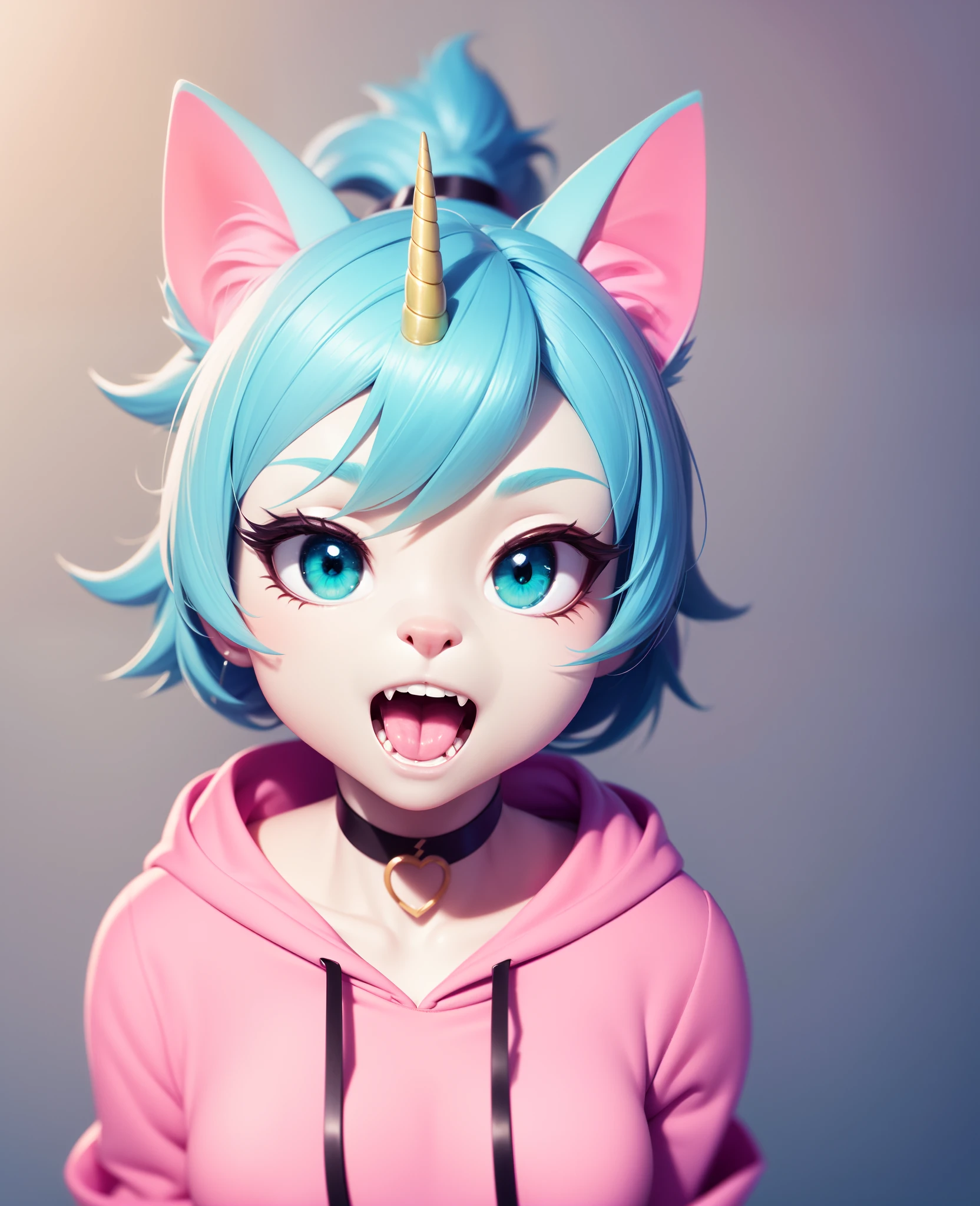 unikitty, furry female, anthro, unicorn girl, green choker, (pink hoodie:1.2),  solo, (best quality), (detailed background:1.2), open mouth, looking at viewer, (fangs:0.9),