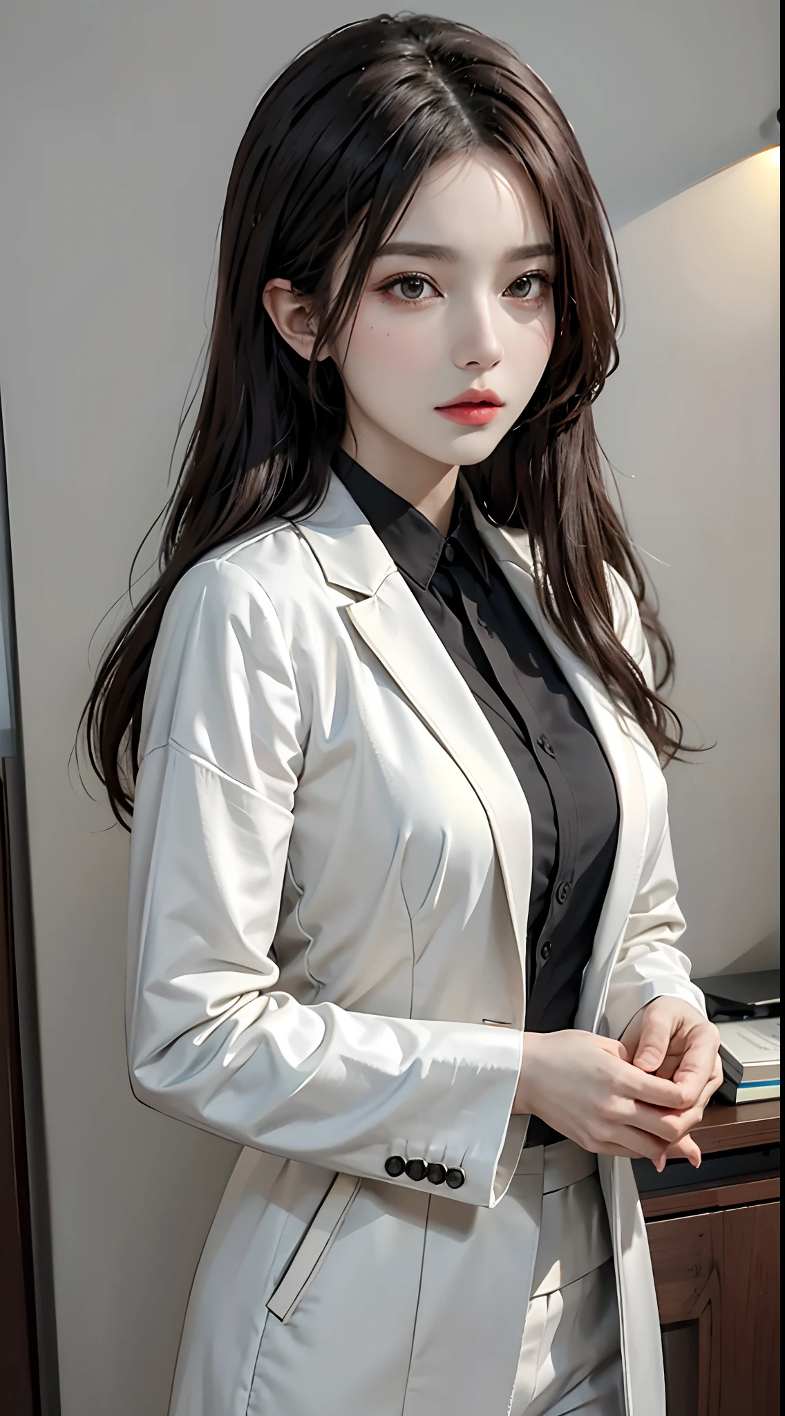 1 beautiful woman, office suit, coat, shirt, (Sui Ishida, ) Wojciech Siudmak abstract, (masterpiece, best quality),
