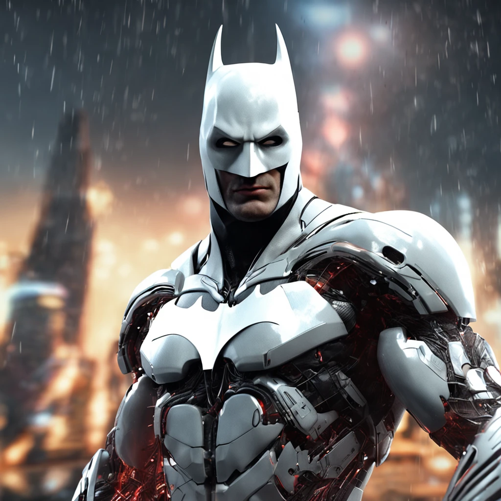 Simetrico, master part, :Realistic white Batman focus on an advanced cybernetic masterpiece suit, aerodinamico, alta qualidade ::n_desenho de estilo, Low-quality imperfection