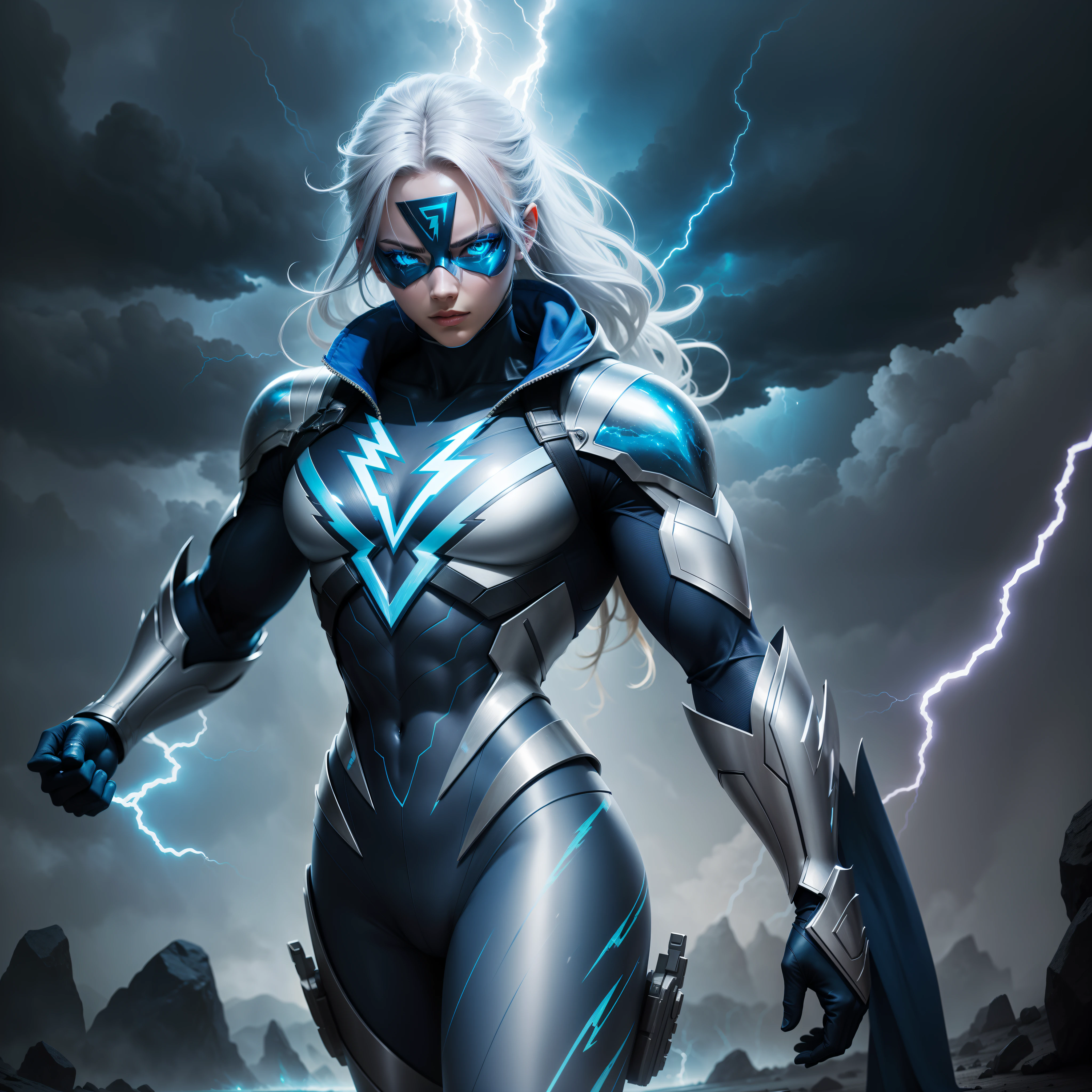 Create a superhero character inspired by lightning, full body, silver and blue coloured, it should be a fully masked character, no human face features, beautiful nature lightning and thunder background, highly detailed, high quality artwork, high quality, rich colours photography, no cartoon looking character.
