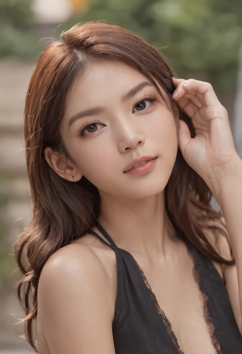 f ((top-quality、8k、​masterpiece:1.3、Raw foto))、foco nítido:1.2、(1 Girl)、(realisitic、Photorealsitic:1.37) Wheat-toned skin　high-level image quality　full bodyesbian　a picture　30-years old　Brown hair　Lustrous hair　short-cut　cute little、((top-quality、8k、​masterpiece:1.3))、foco nítido:1.2、Beautiful woman with perfect body shape:1.4、Slim abs:1.2、((Layered Haircut、huge tit:1.4))、(Sateen、a street:1.2) ､(wetbody:1.5)、Highly detailed facial and skin texture、A detailed eye　The corners of the mouth are raised　a smile　Opening Mouth､Black bikini made of shiny leather