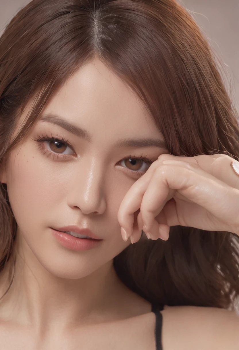 Beautiful and elegant girl, Her skin is so shiny.
Her arms folded...、The fingertips of one hand touched her chin.... The background is beautiful black.... Naked body..., Rooms are dimly lit....、She's bright....
Very shallow depth of field、blurred background.