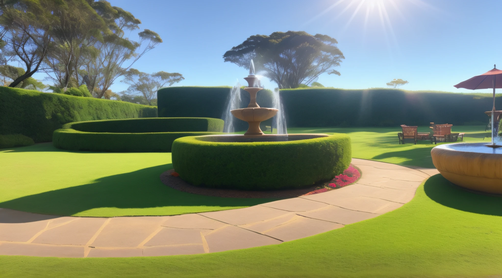 There is a small garden with a fountain and a lawn, Obra-prima, paisagem do jardim real, manicured garden of eden, imaculadamente detalhado, belos arredores, full morning sun, zen areia esculpida gramado, Gramados, vibrant greenery outside, pastoral backyard setting, ambiente do jardim, Paisagismo exuberante, Beautiful image, perfect crisp sunlight, gramado, breathtaking quality, paisagem do jardim