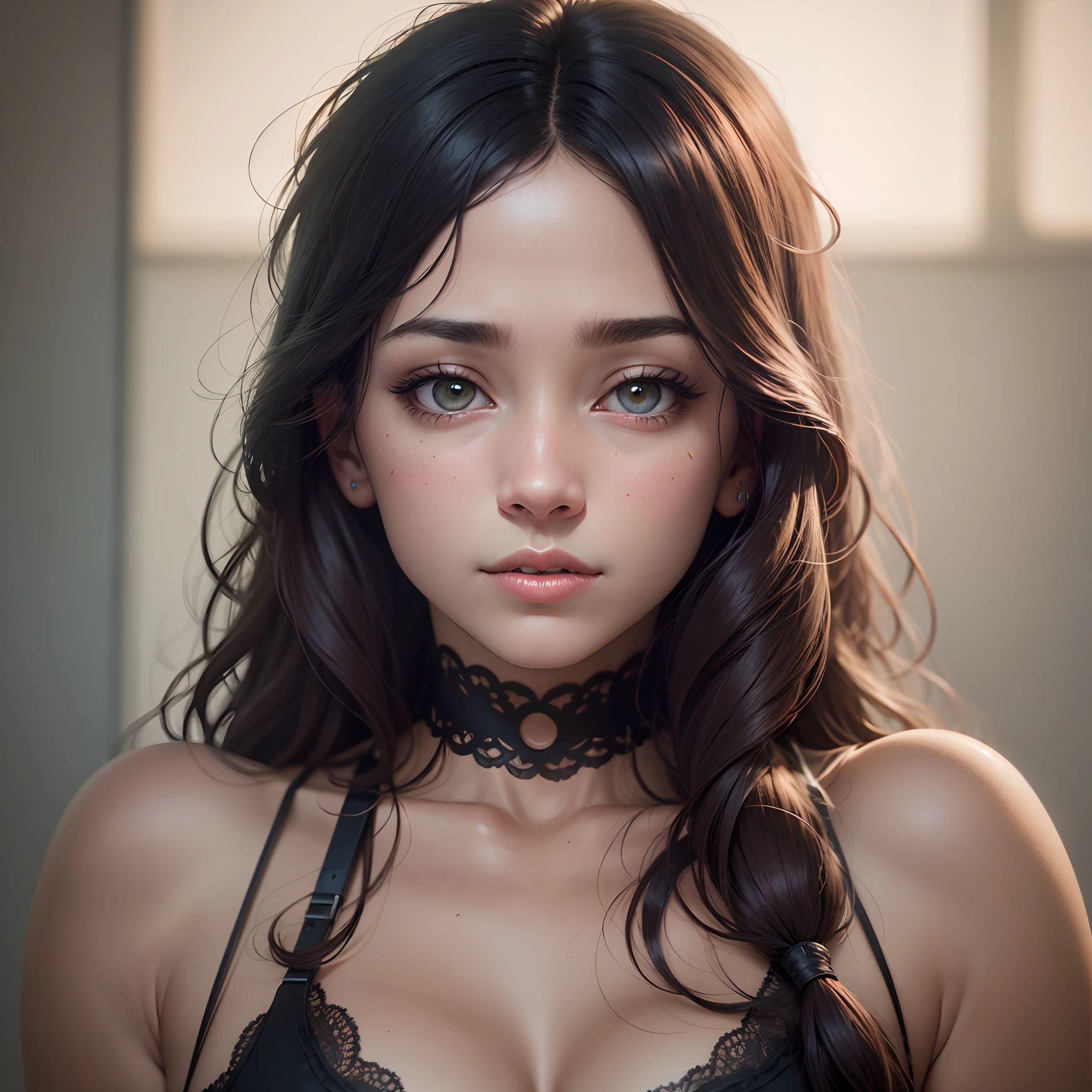 un retrato fotorrealista de una mujer coreana asombrosamente hermosa sin maquillaje, ojos color avellana claro extremadamente detallados, Detailed symmetrical realistic face, textura natural de la piel, piel extremadamente detallada con poros de la piel, peach fuzz, cabello desordenado, desnudo explicito, obra maestra, absurdos, foto premiada de lee jeffries, nikon d850 film stock photography, kodak portra 400 camera f1.6 lens, extremadamente detallado, asombroso, fino detalle, colores ricos, textura realista hiperrealista, dramatic illumination, unrealengine, tendencia en artstation, cinestill 800 tungsteno, mirando al espectador, fotorrealista, foto RAW, TanvirTamim, alta calidad, high resolusion, foco nítido, extremadamente detallado, cinematography lighting, 8k uhd --auto --s2