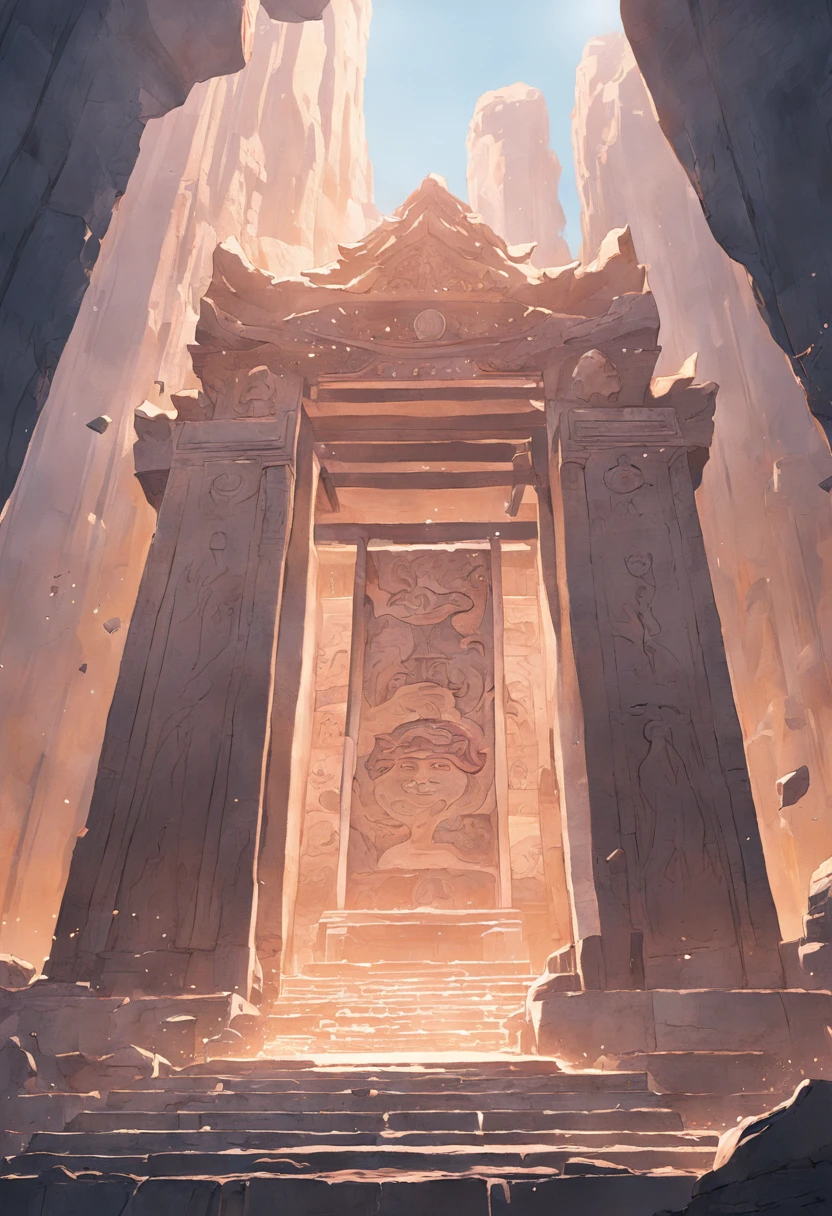high details, best quality, 8k, [ultra detailed], masterpiece, best quality, phtorealism (extremely detailed), fantasy art, a picture of mountain in the desert with an ancient temple built into the mountain(intense details, Masterpiece, best quality: 1.5), a temple carved in the mountain (intense details, Masterpiece, best quality: 1.5),  at the desert, ancient temple (intense details, Masterpiece, best quality: 1.5), lost cultures, stone arches (intense details, Masterpiece, best quality: 1.5), intese stone engraving, lion statues (intense details, Masterpiece, best quality: 1.5), stone pillars, sun rise, silhouette, sun particles, blue desert sky background