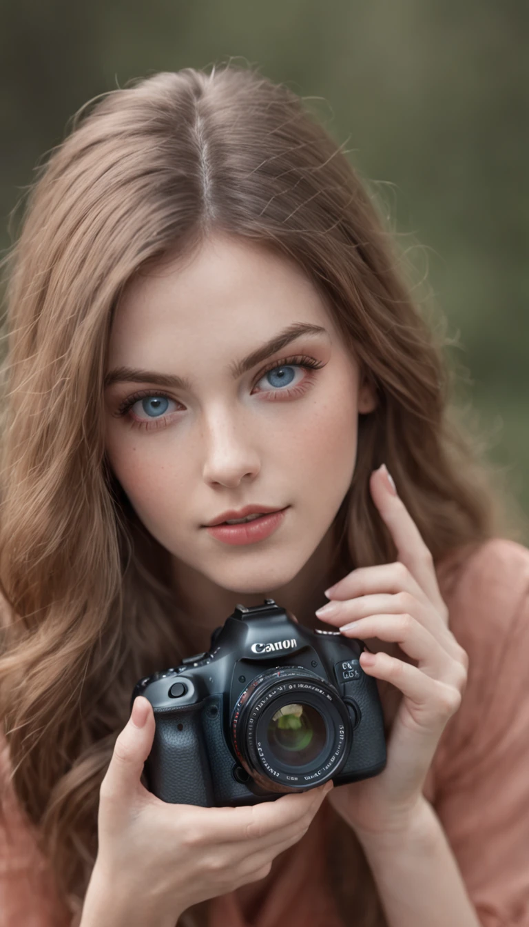 photo realistic, pretty girl, 22, blue eyes holding a camera,