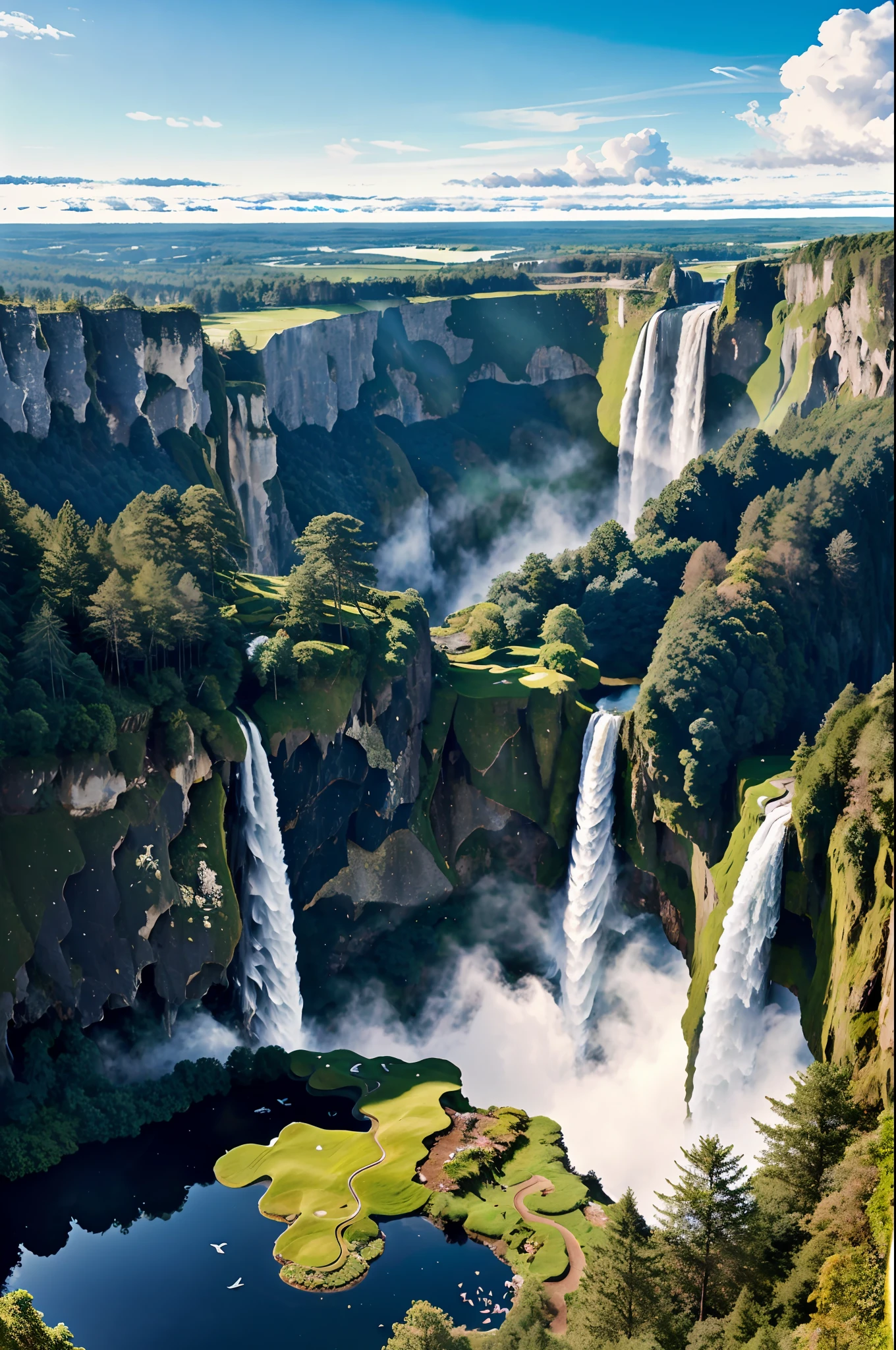 Flying on the cliff, above the very high waterfall, look down on the fluctuating pond, high sunlight, blue sky, white cloud, birds, forest, trees, 8K, masterpiece, best quality, high resolution, extremely full detailed