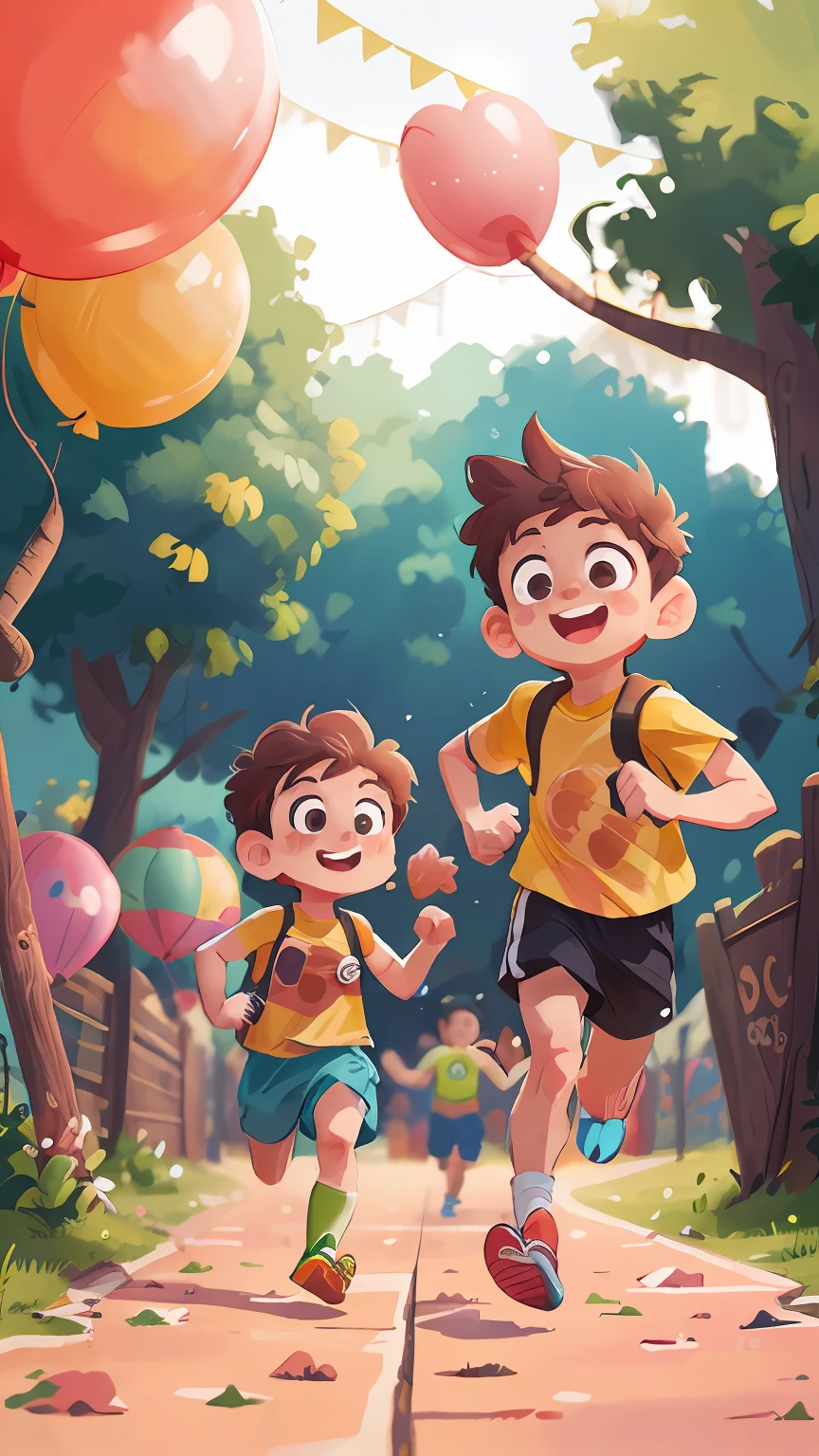 Two running boys, amusement park, holding balloons, happy, happy, perfect quality, clear focus (clutter - home: 0.8), (masterpiece: 1.2) (Realistic: 1.2) (Bokeh) (Best quality) (Detailed skin: 1.3) (Intricate details) (8K) (Detail Eyes) (Sharp Focus), (Happy)