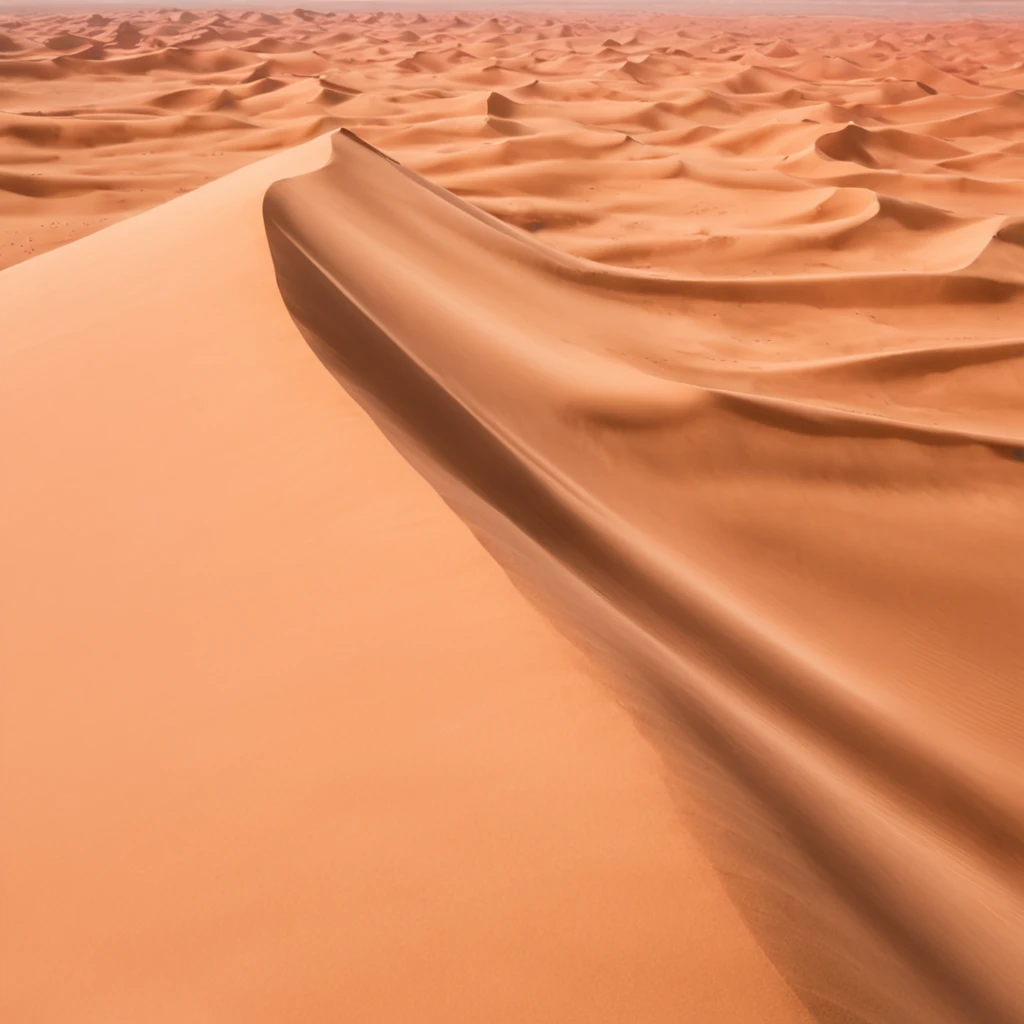 Aerial view of the sand crest of the vast desert with no end in sight、look down from above、Highly detailed background,Realistic,ultra-detailliert,super detailed skin,light glow,Film grain,Expro II,Lens Flare,Sharpen,cinematic shadow