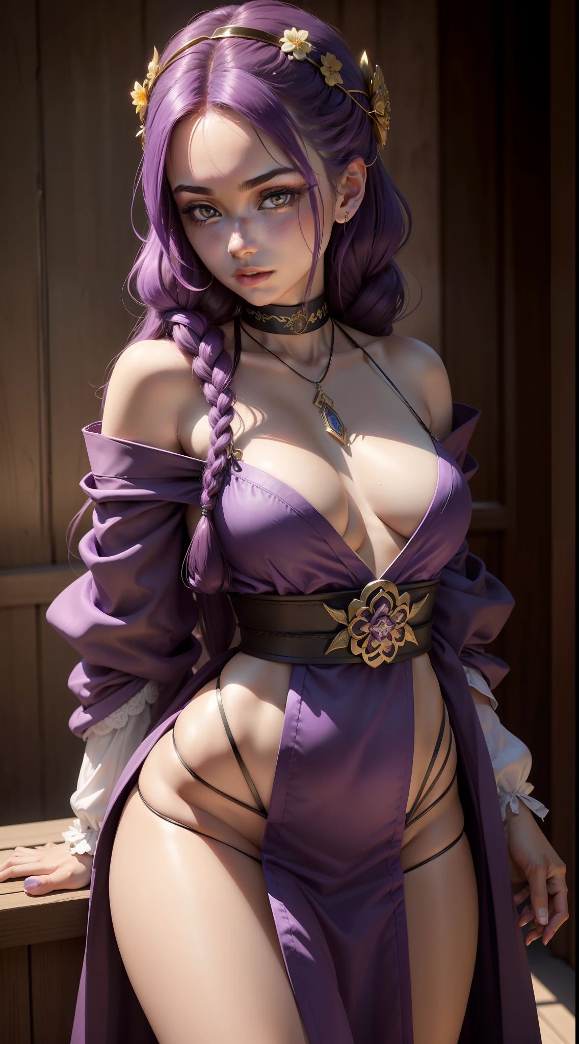 1girl, with long violet hair braided behind her back, and on the right side of his head is attached a hairpin with light violet flowers, Her eyes are purple and she has a mole below her right eye. She wears a small crimson ribbon around her neck like a choker and a dark-colored jumpsuit underneath her kimono, The sleeves of his overalls completely cover his arms and are wrapped around his middle fingers with gold rings to partially cover his palms and the top of his hands, and her nails are painted purple. Her kimono has a variety of patterns in different shades of purple and crimson, junto com um emblema do Mitsudomoe de Inazuma amarrado na frente de suas roupas abaixo do seio direito e um emblema mais elaborado em sua ombreira no ombro esquerdo. Nas costas de sua roupa, She wears a crimson bow with tassels. She wears dark purple thigh-high socks with small diamond openings at the top and high-heeled sandals; The one on the right is adorned with two of the same violet flowers on his hairpin.. ,quadris largos, Peitos grandes, bunda grande, (best quality, 8k, master part: 1.3)) ), Clear focus: 1.2, Beleza Corporal Perfeita: 1.4 , Abs esguio: 1.2, DAMP BODY: 1.5 , Textura altamente detalhada do rosto e da pele, Olhos detalhados, (Realistic:1.4)