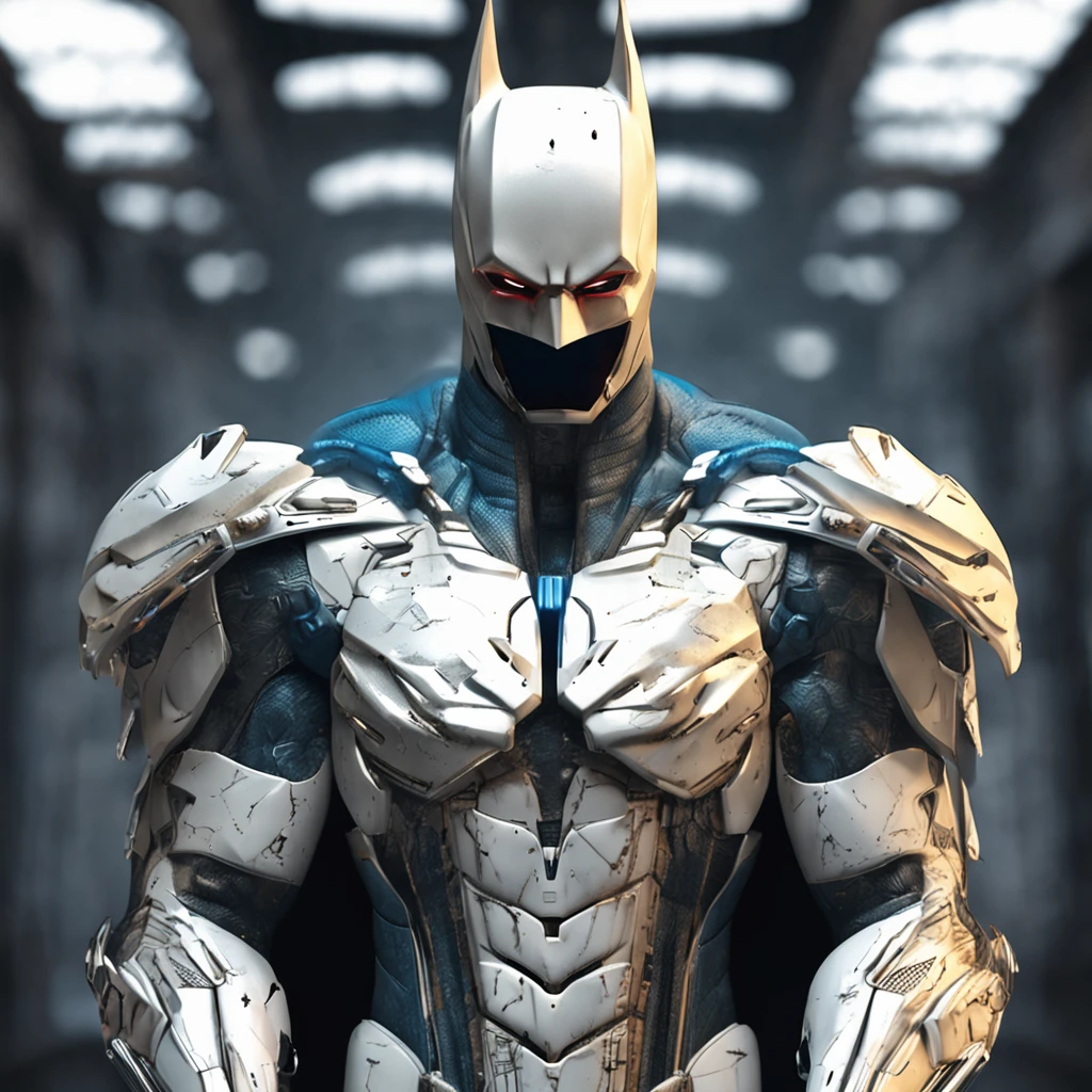 spectacular, Master parts, :The realistic White Batman focuses on the advanced cybernetic suit Orba Prima, high high quality ::n_Style drawing, Low-quality defects,