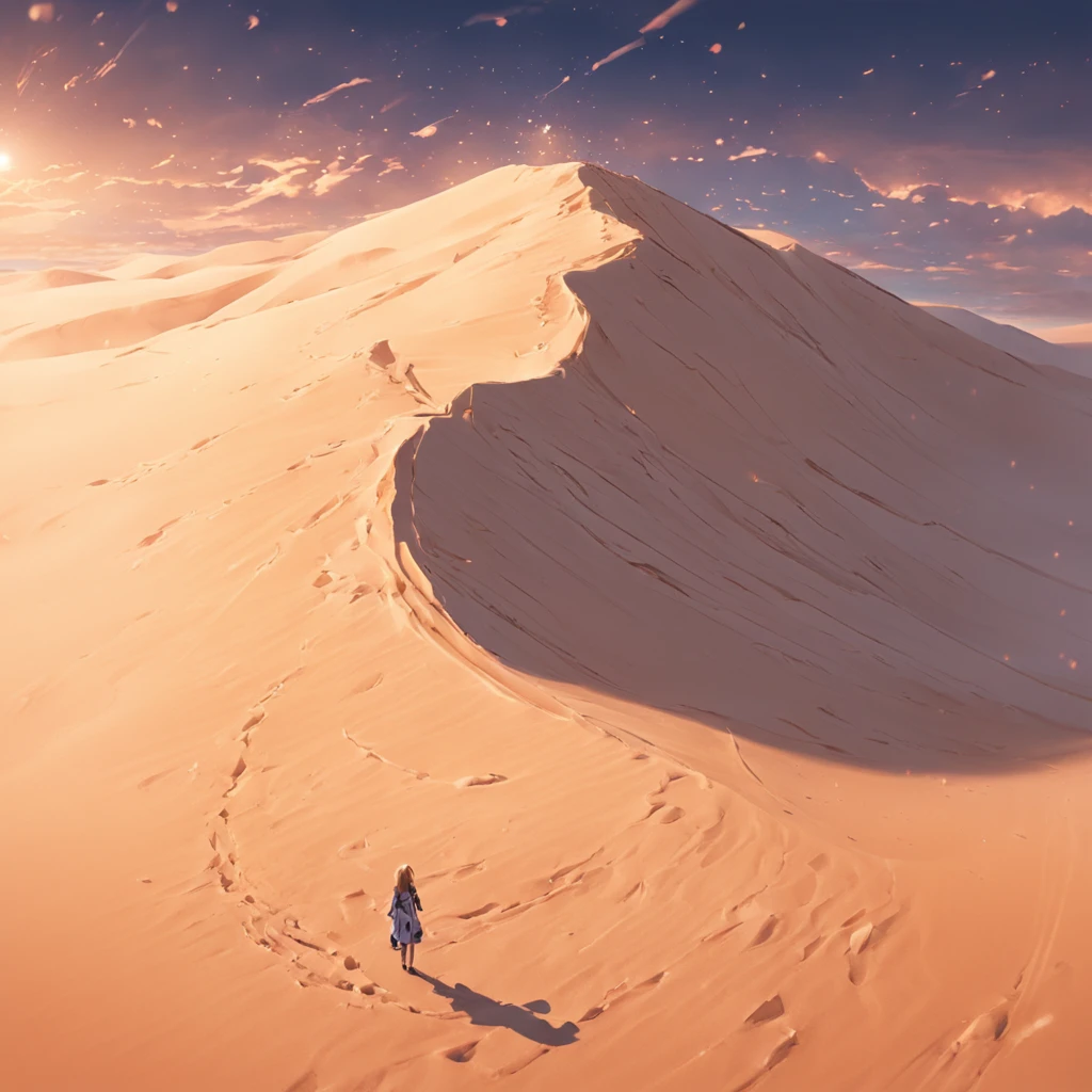 Aerial view of the sand crest of the vast desert with no end in sight、look down from above、Highly detailed background，Realistic，ultra-detailliert，super detailed skin，light glow，Film grain，Expro II，Lens Flare，Sharpen，cinematic shadow