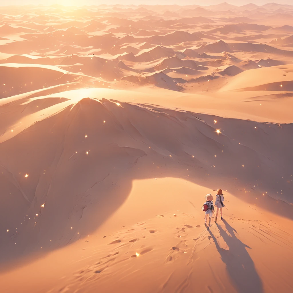 Aerial view of the sand crest of the vast desert with no end in sight、look down from above、Highly detailed background,Realistic,ultra-detailliert,super detailed skin,light glow,Film grain,Expro II,Lens Flare,Sharpen,cinematic shadow