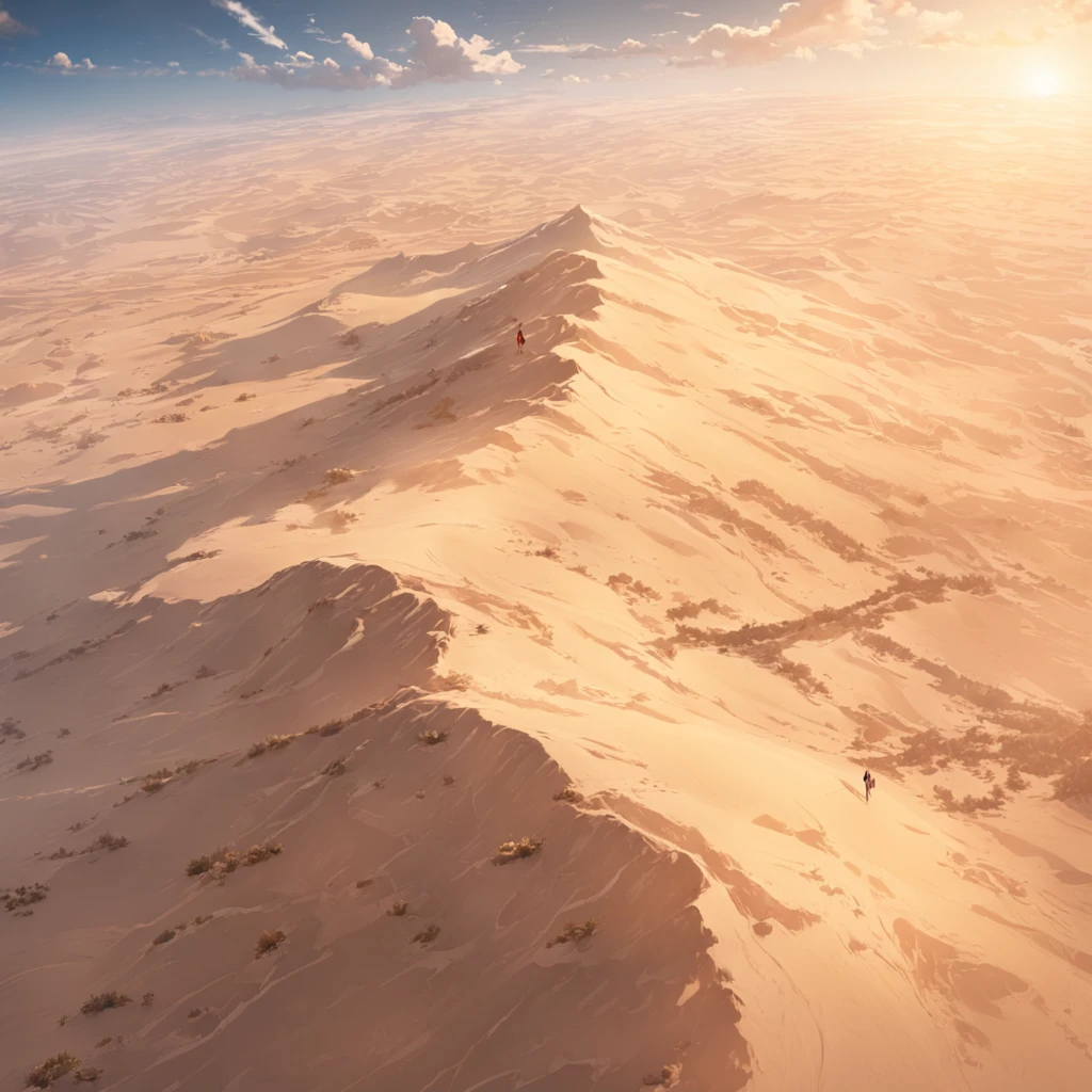 Aerial view of the sand crest of the vast desert with no end in sight、look down from above、Highly detailed background,Realistic,ultra-detailliert,super detailed skin,light glow,Film grain,Expro II,Lens Flare,Sharpen,cinematic shadow