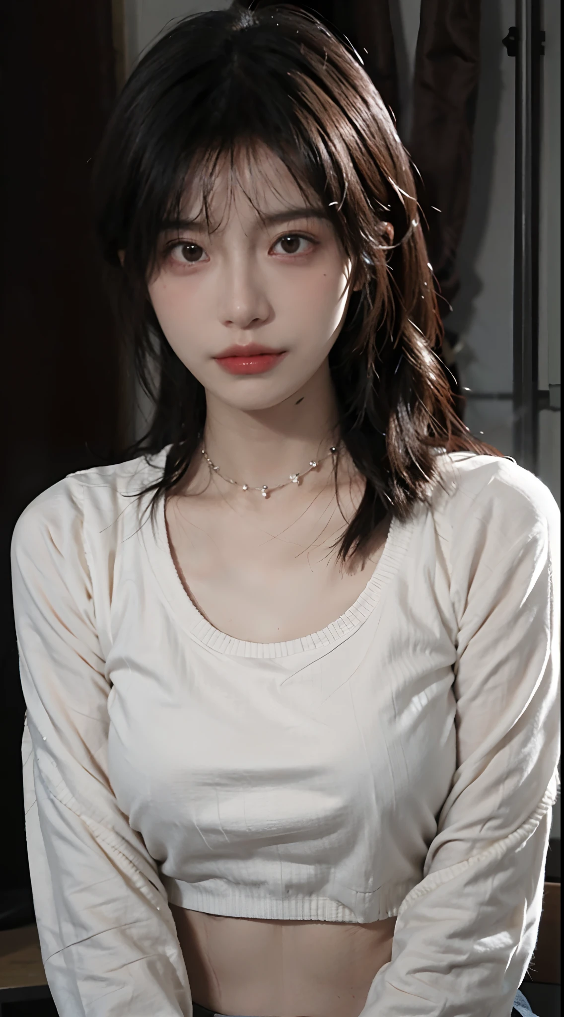 best qualtiy， Ultra-high resolution， （realisticlying：1.4），Baoyu Girl，1girll, with long coiled hair，Looking into the distance，nedium breasts：1.4，Cropped red sweater，a sense of atmosphere，Beautiful woman with a slim figure:1.4, abs:1.4,,Ultra-fine face，Elaborate Eyes，double eyelid，choker necklace
