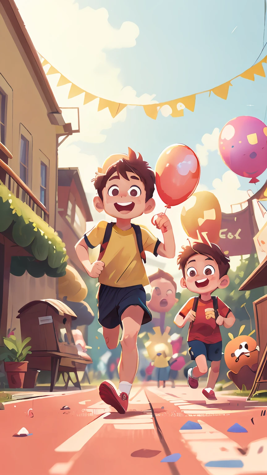 Two running boys, amusement park, holding balloons, happy, happy, perfect quality, clear focus (clutter - home: 0.8), (masterpiece: 1.2) (Realistic: 1.2) (Bokeh) (Best quality) (Detailed skin: 1.3) (Intricate details) (8K) (Detail Eyes) (Sharp Focus), (Happy)