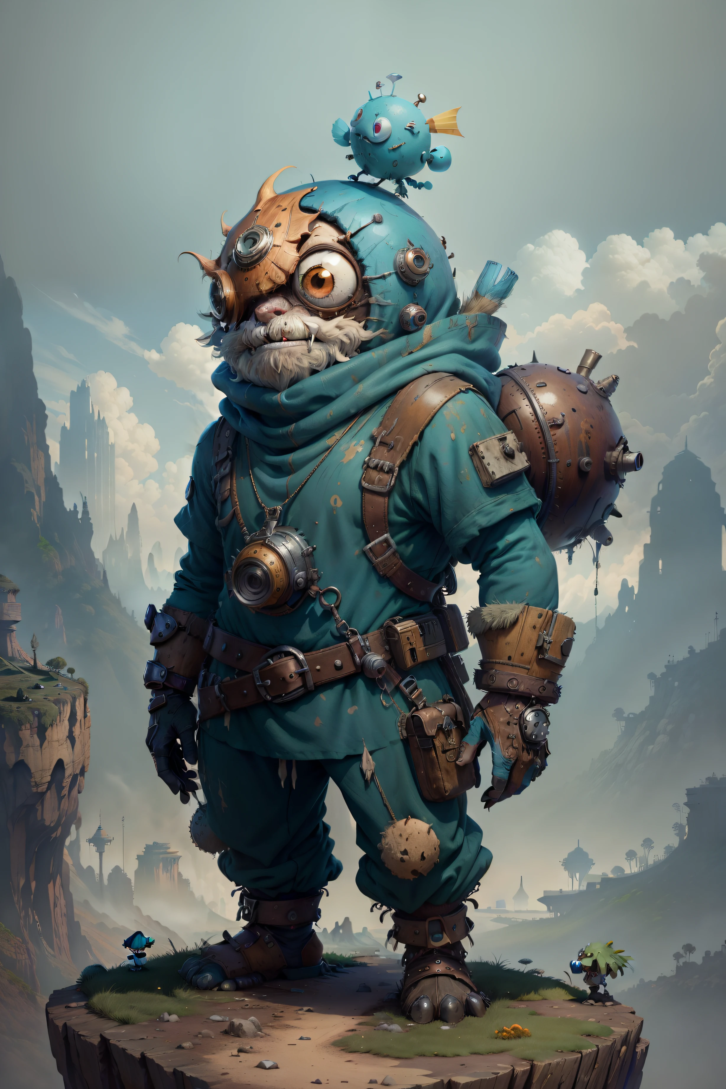Character design, wierd + flaky + Funny + whimsical + light blue + whimsical + uncommon + divergent + Irregular + unorthodox, Photorealistic detailed costumes, Bannycore, les automatistes, The Tone of the Earth, Rustic kor, desertpunk, Minolta Riva Mini, Pure and crunchy steampunk ink, Isolated landscapes, Nabis, Soggy, inspired, Rough clusters, Cartoon character design, Neutral color palette,