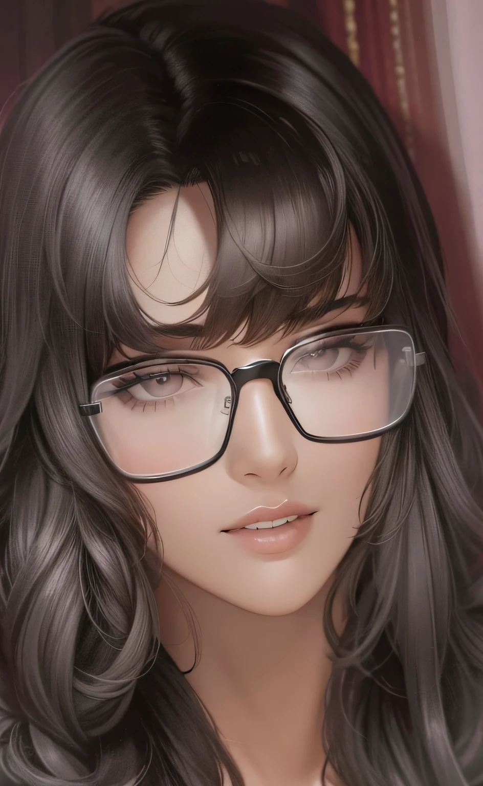 a close up of a woman with glasses on her face, wavy long black hair and glasses, large!!!!!! eyeglasses!!!, with glasses, thick glasses, with glasses on, !!wearing modern glasses!!, with black eyeglasses, big glasses, wearing black rimmed glasses, !!wearing glasses!!, with square glasses, wearing black frame glasses, wearing black glasses