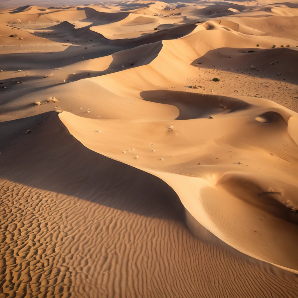 Aerial view of the sand crest of the vast desert with no end in sight、look down from above、Highly detailed background，Realistic，ultra-detailliert，super detailed skin，light glow，Film grain，Expro II，Lens Flare，Sharpen，cinematic shadow