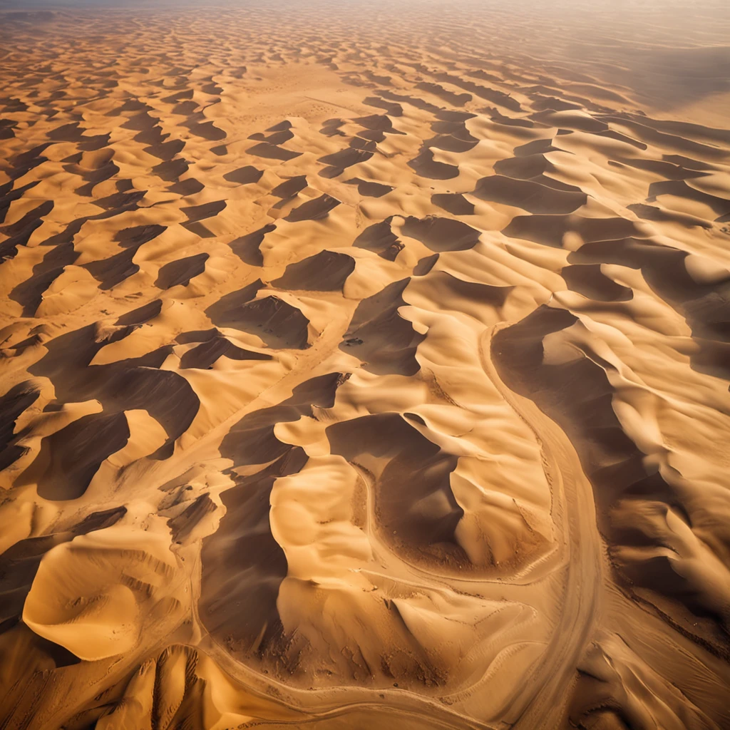 Aerial view of the sand crest of the vast desert with no end in sight、look down from above、Highly detailed background,Realistic,ultra-detailliert,super detailed skin,light glow,Film grain,Expro II,Lens Flare,Sharpen,cinematic shadow