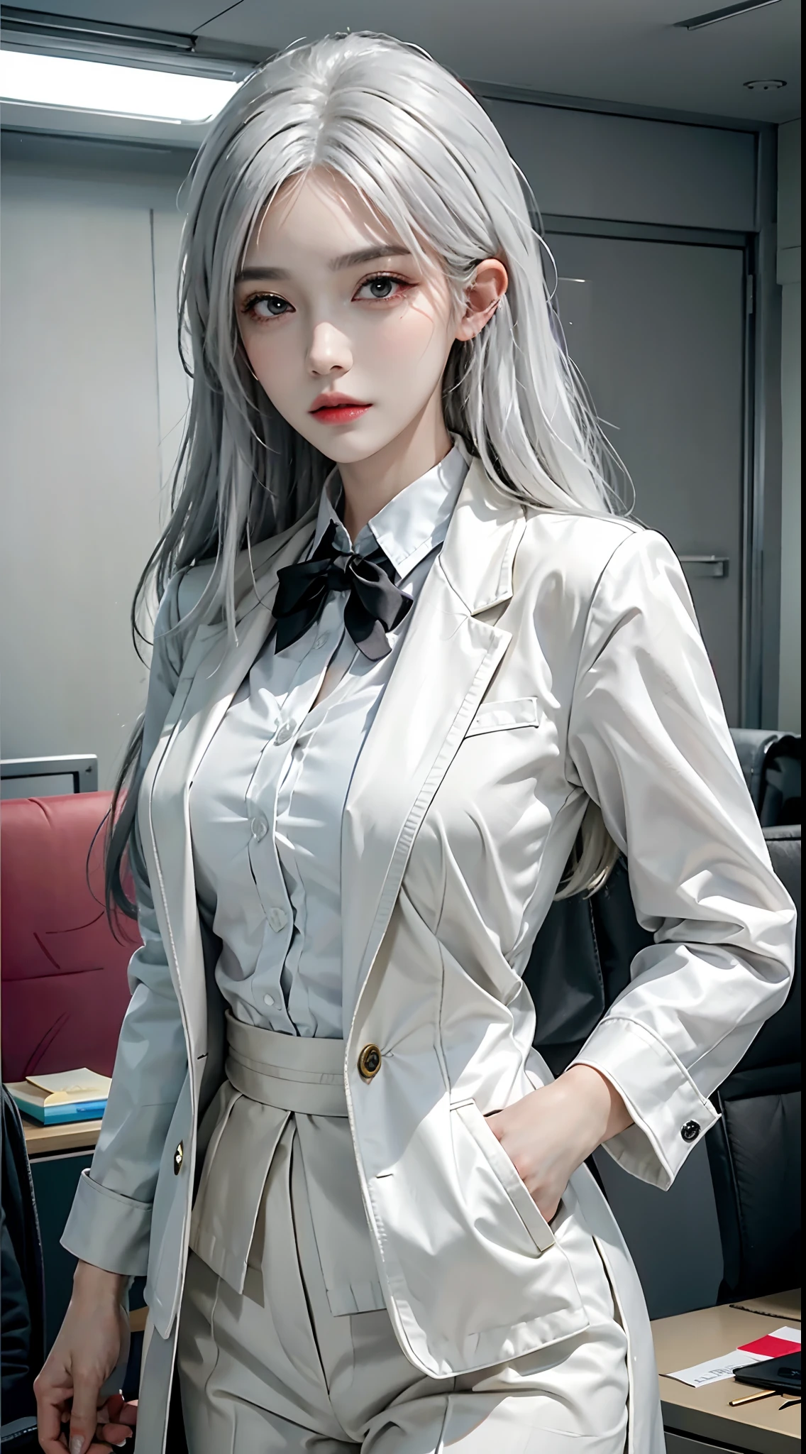 1 beautiful woman, office suit, coat, shirt, (Sui Ishida, ) Wojciech Siudmak abstract, (masterpiece, best quality), white hair