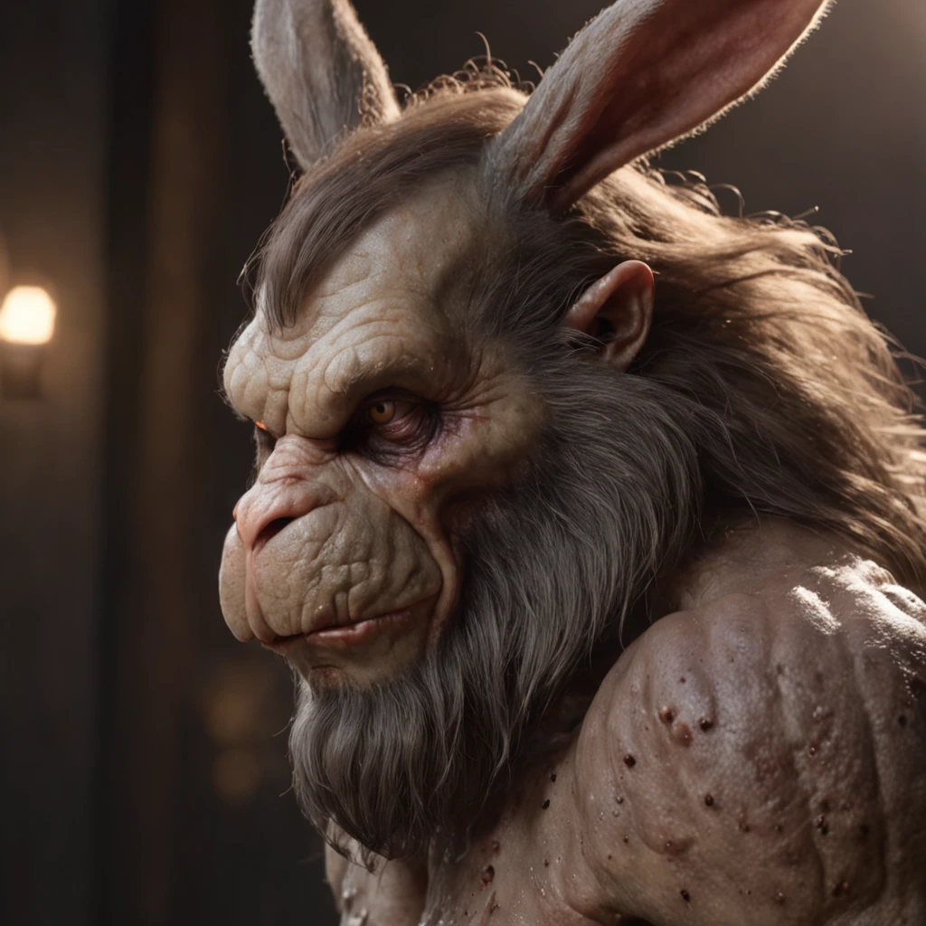 (professional 3d render:1.3) af (Realistic:1.3) most beautiful artwork photo in the world,Features soft and shiny rabbit heroes, ((Epic hero fantasy furr zombie rotten rabbit rough wet hero angry look long hair short beard and ferocious expression in dynamic pose, Fantastic location, Majestic cluttered environment)), full body 8k unity render, action shot, skin pore, very dark lighting, heavyshading, Detailed, Detailed face, (vibrant, photograph realistic, Realistic, Dramatic, Dark, Sharp focus, 8K), (Old leather garments damaged by weathering:1.4), ((((Wear fur)))), (Intricate:1.4), decadent, (Highly detailed:1.4), Digital painting, rendering by octane, art stations, concept-art, smooth, Sharp focus, illustration, Art germ, (loish:0.23), wlop ilya kuvshinov, and greg rutkowski and alphonse mucha gracias, (Global illumination, Studio light, volumettic light), heavy rain, particles floating, lotr, fantasy, elf, full bodyesbian, ((Dark and ancient city background:1.3)),CGSesociety,art stations