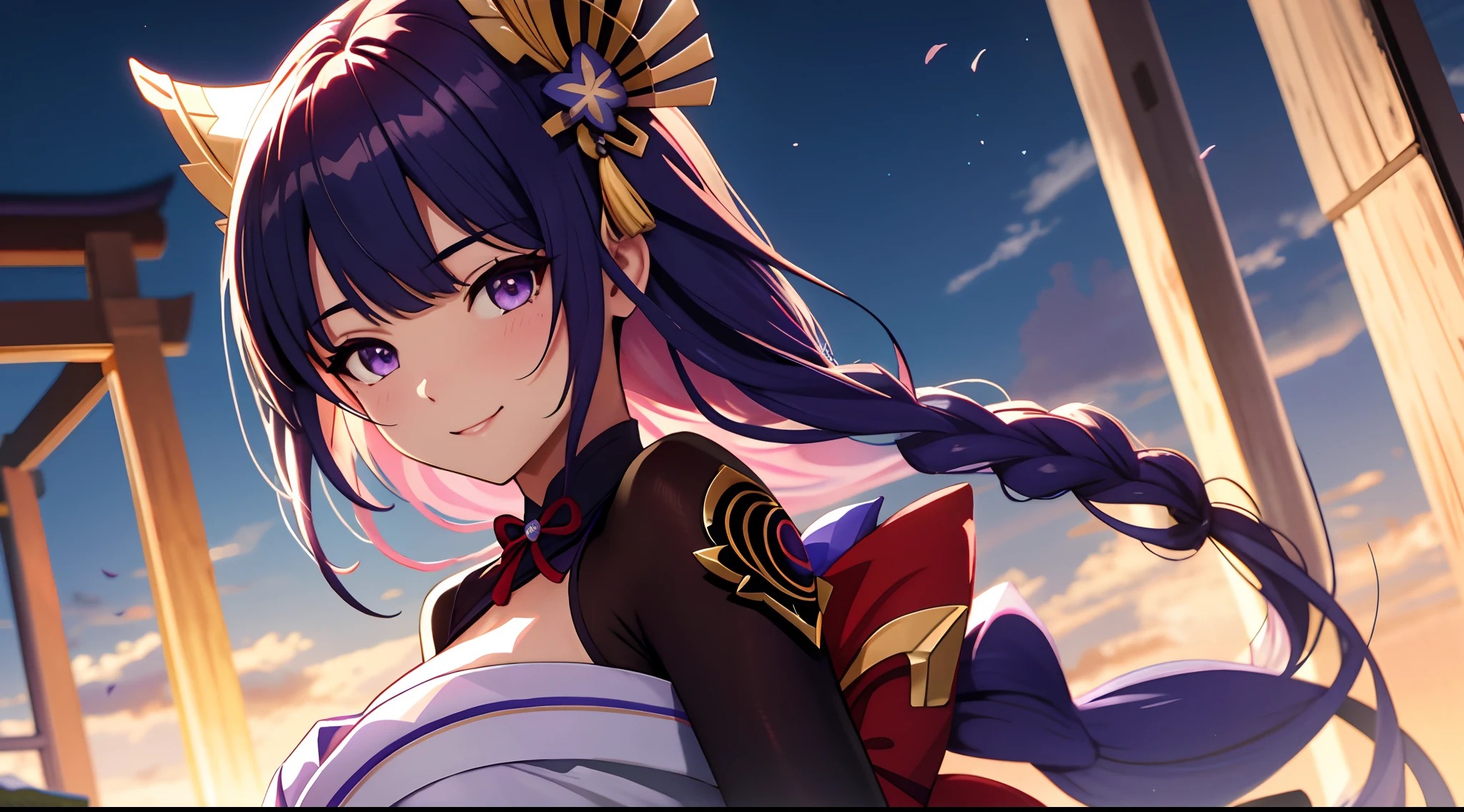 1 cinta, bareshoulders, (master part:1.4),(best quality:1.4)Genshin,Raiden Shogun。seios grandes,looks into the camera,sorriso,Blush figura perfeita