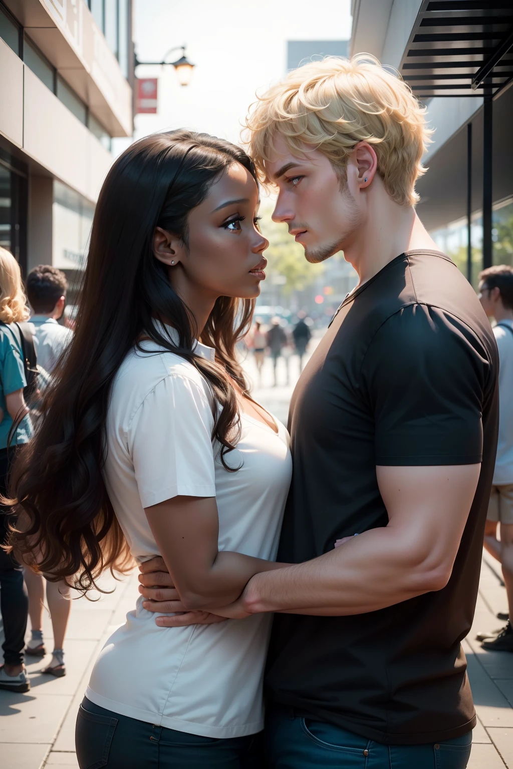a couple standing face to face near an aquarium, sharing their love, perfect face for the both. The man has 33 years old, short blond hair, the woman has 27 years old, long curly black hair and brown skin, front view, semi realistic, HD, 16 K