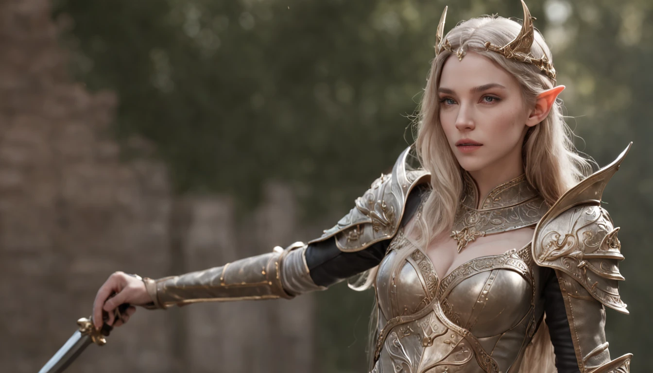high details, best quality, 8k, [ultra detailed], masterpiece, best quality, (extremely detailed), full body, ultra wide shot, photorealistic, fantasy_world, fantasy art, dnd art, rpg art, realistic art, a wide angle, (((anatomically correct))) a wallpaler of an elf knight, elf warrior, princess knight, shinning knight, ready for battle with her mount (intense details, Masterpiece, best quality: 1.5), female elf (intense details, Masterpiece, best quality: 1.5), ultra detailed face, ultra feminine, fair skin, exquisite beauty, gold hair, long hair, wavy hair, small pointed ears, dynamic eyes color, wearing heavy elven armor, shinning metal, armed with elven sword fantasysword sword, standing near her mount, dynamic mount , green meadows, blue skies background and some clouds background depth of field (intricate details, Masterpiece, best quality: 1.5), full body (intricate details, Masterpiece, best quality: 1.5), high details, best quality, highres, ultra wide angle